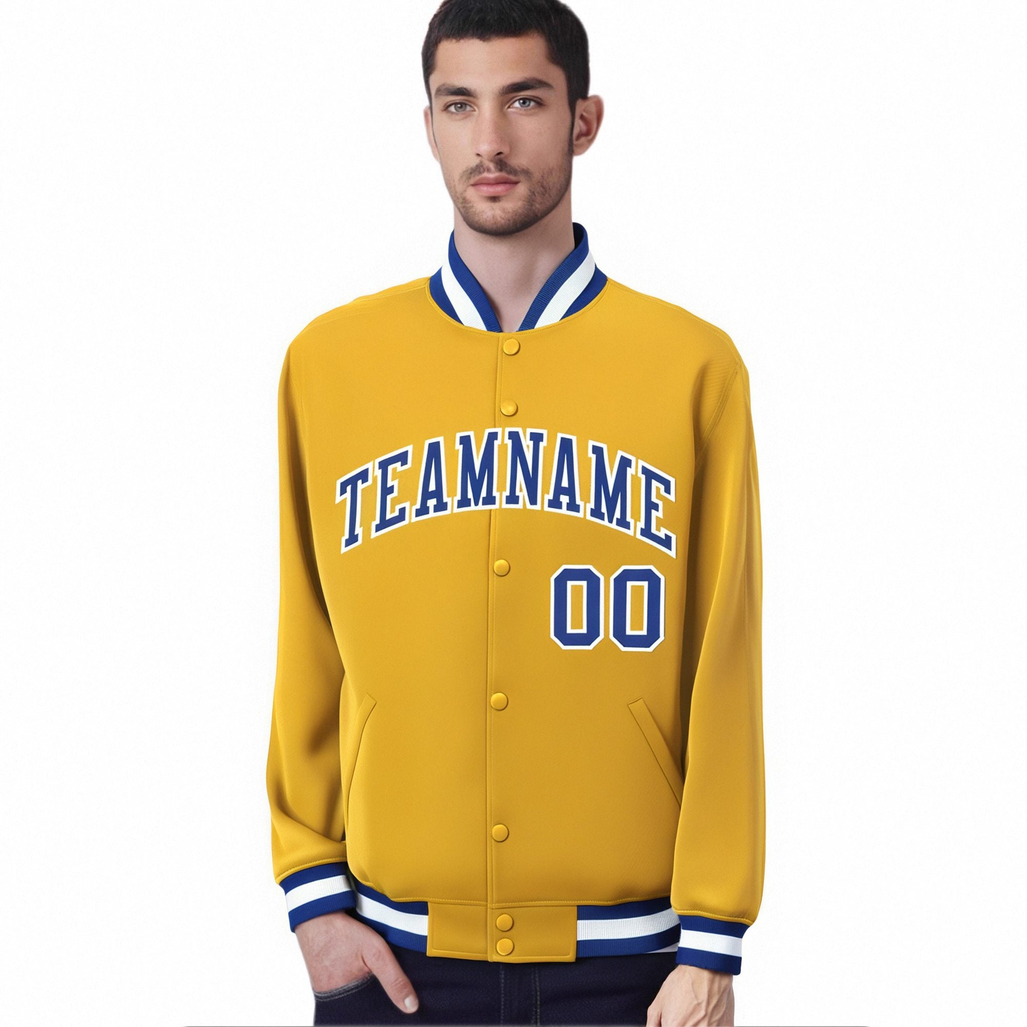 Custom Yellow Royal-Blue White Bomber Full-Snap Varsity Letterman Jacket