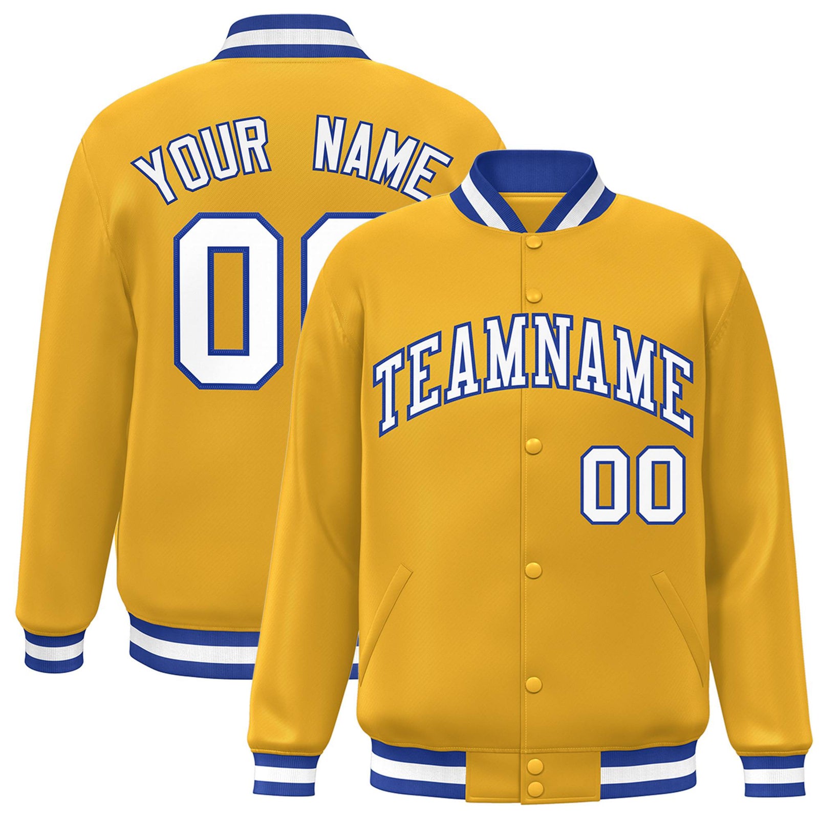 Custom Yellow White Royal-Blue Bomber Full-Snap Varsity Letterman Jacket