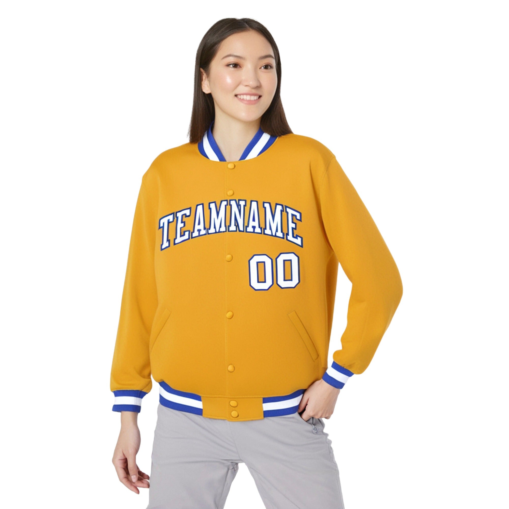 Custom Yellow White Royal-Blue Bomber Full-Snap Varsity Letterman Jacket