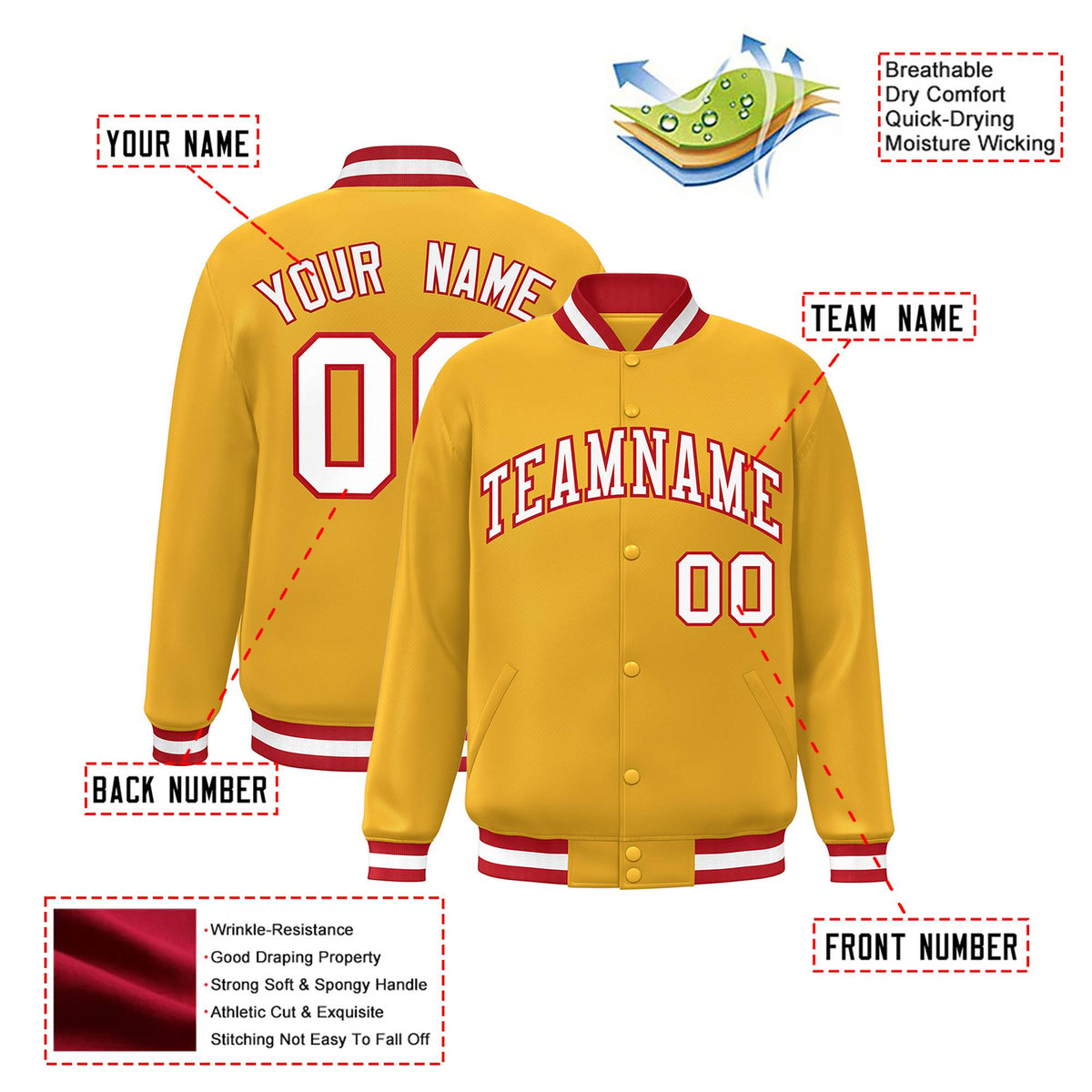 Custom Yellow White Red Bomber Full-Snap Varsity Letterman Jacket