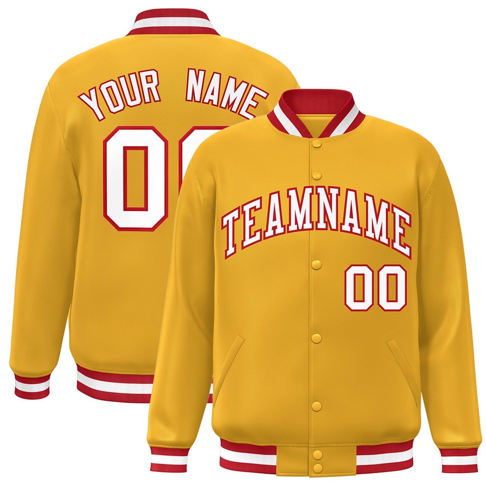 Custom Yellow White Red Bomber Full-Snap Varsity Letterman Jacket