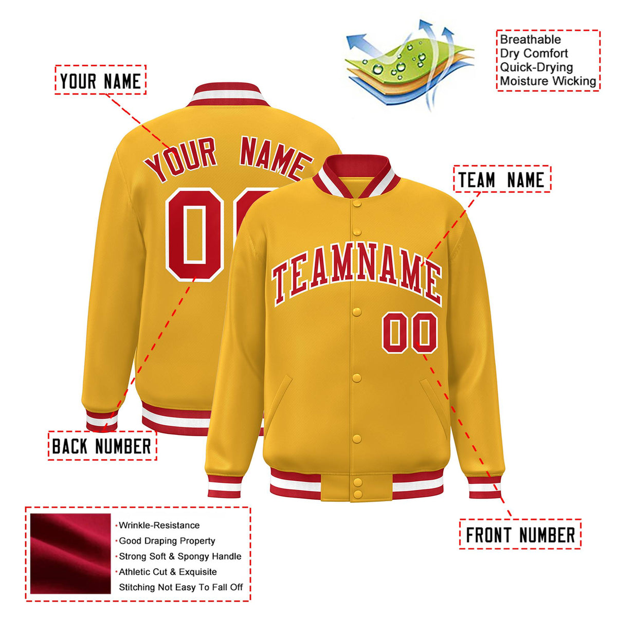 Custom Yellow Red-White Bomber Full-Snap Varsity Letterman Jacket