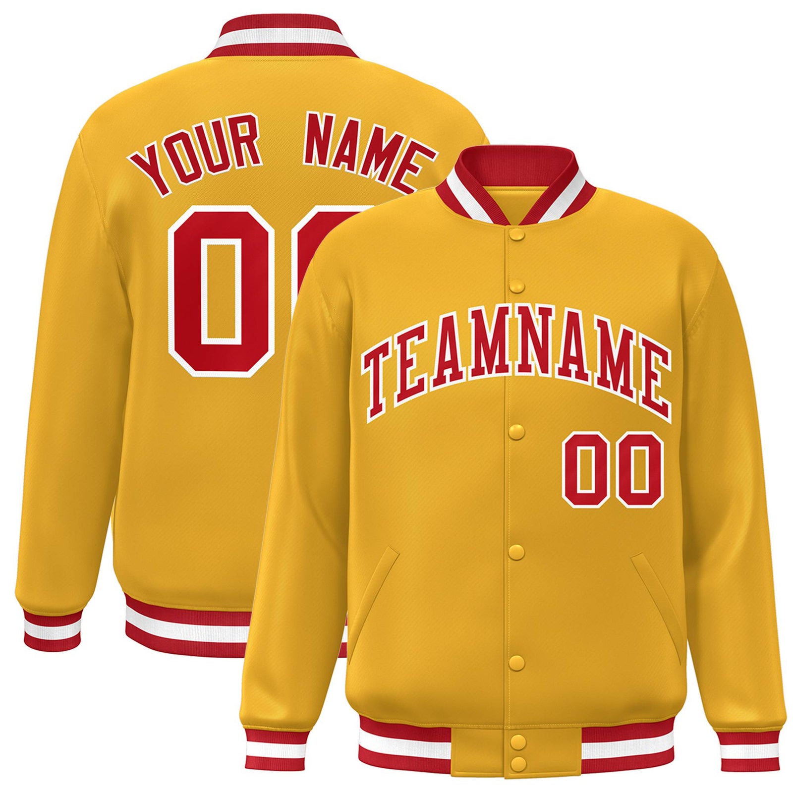 Custom Yellow Red-White Bomber Full-Snap Varsity Letterman Jacket