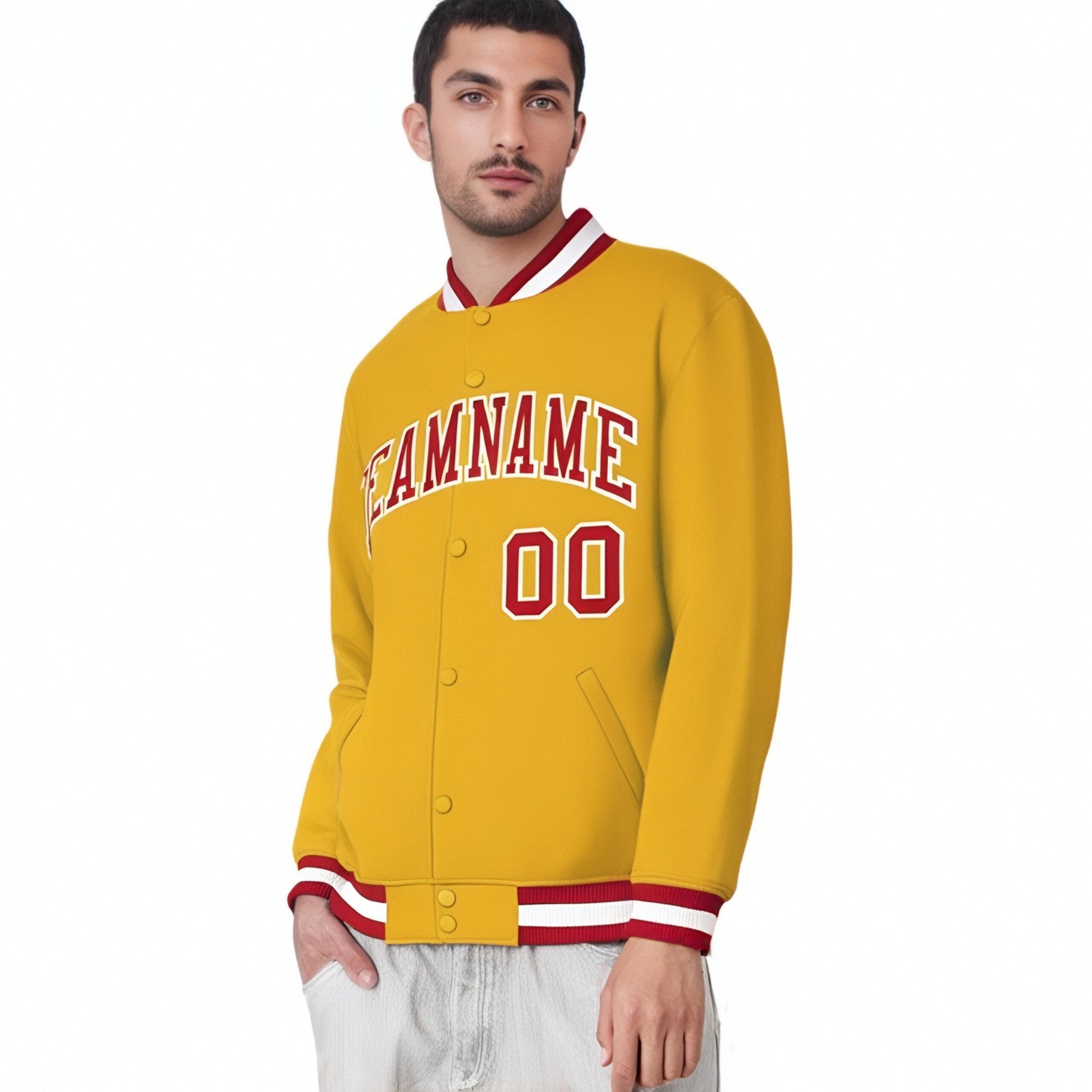 Custom Yellow Red-White Bomber Full-Snap Varsity Letterman Jacket