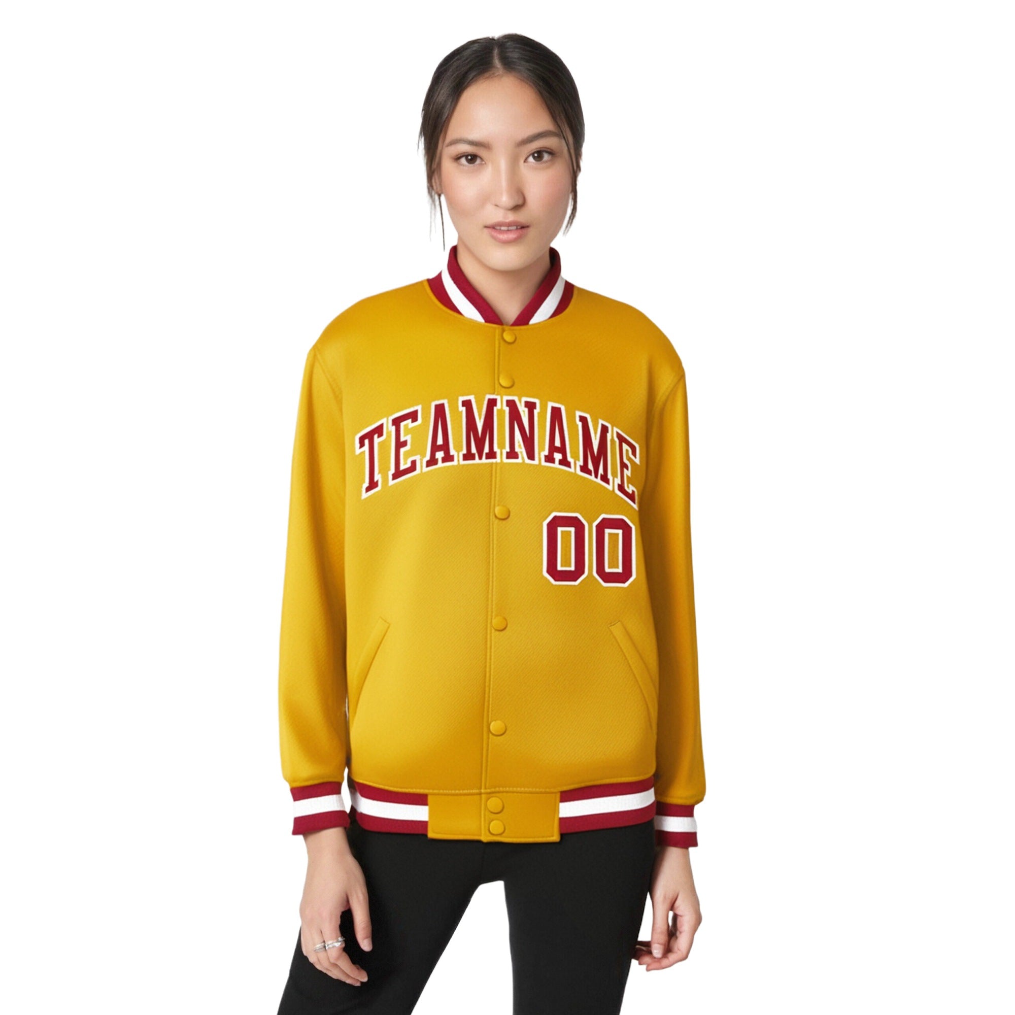 Custom Yellow Red-White Bomber Full-Snap Varsity Letterman Jacket