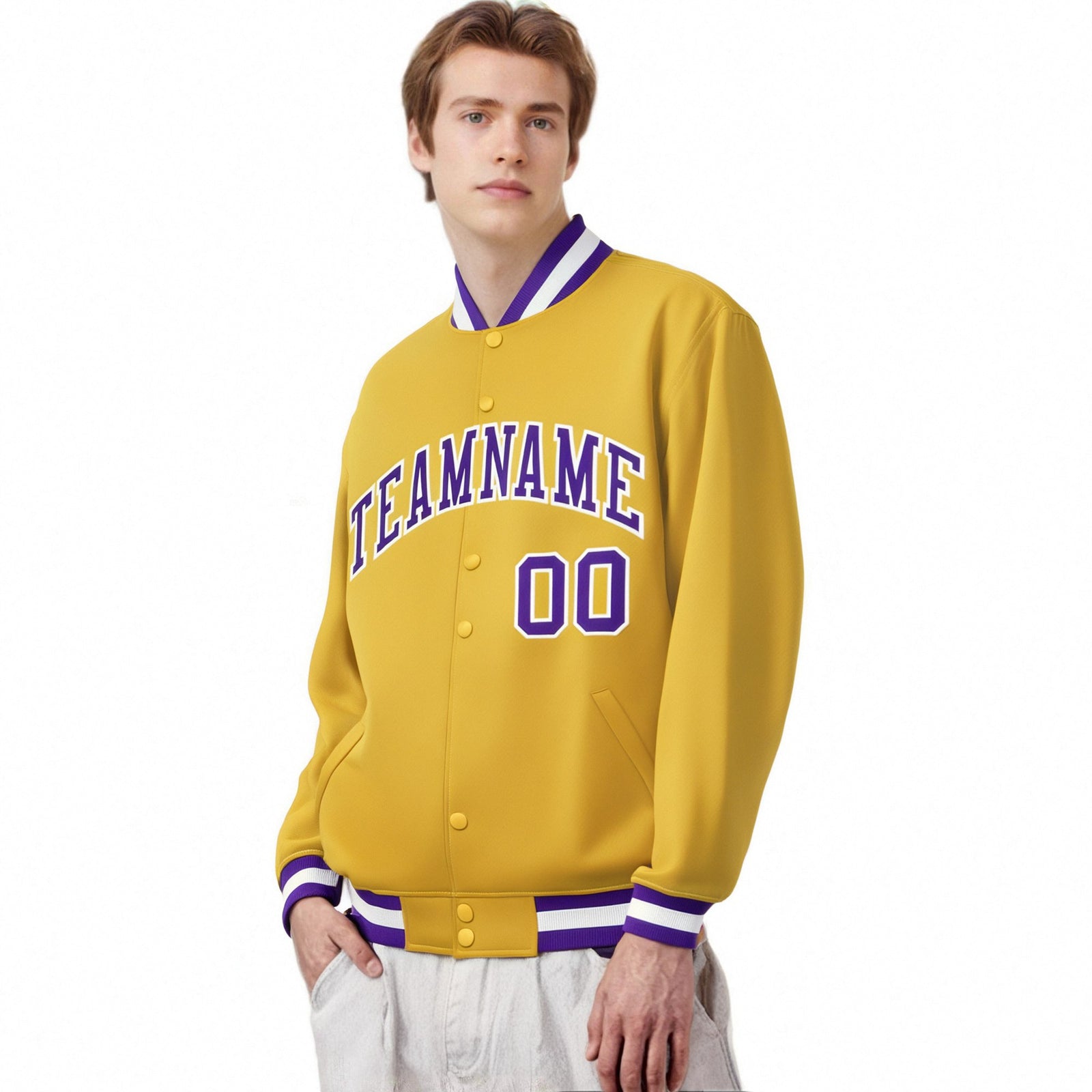Custom Yellow Purple-White Bomber Full-Snap Varsity Letterman Jacket