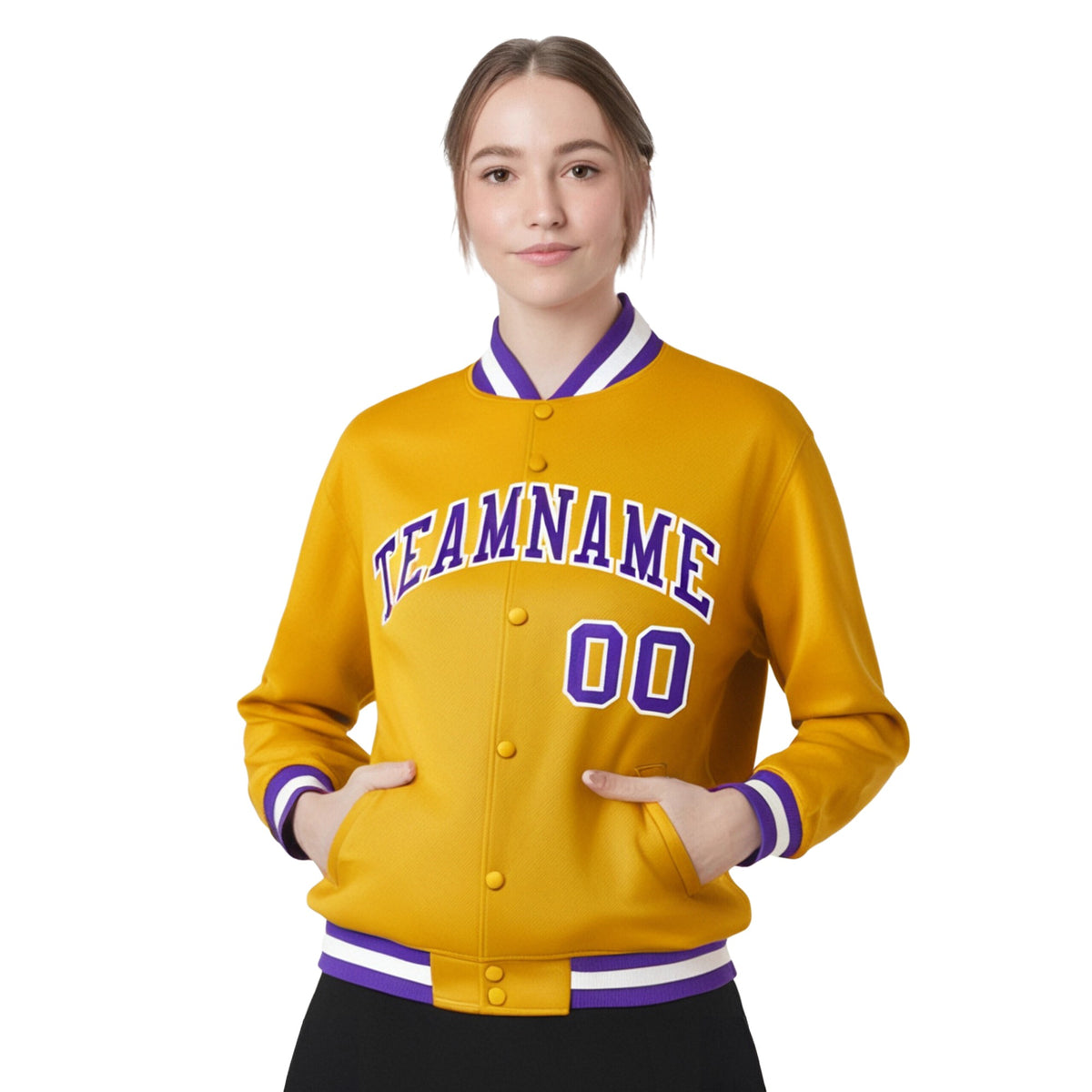 Custom Yellow Purple-White Bomber Full-Snap Varsity Letterman Jacket