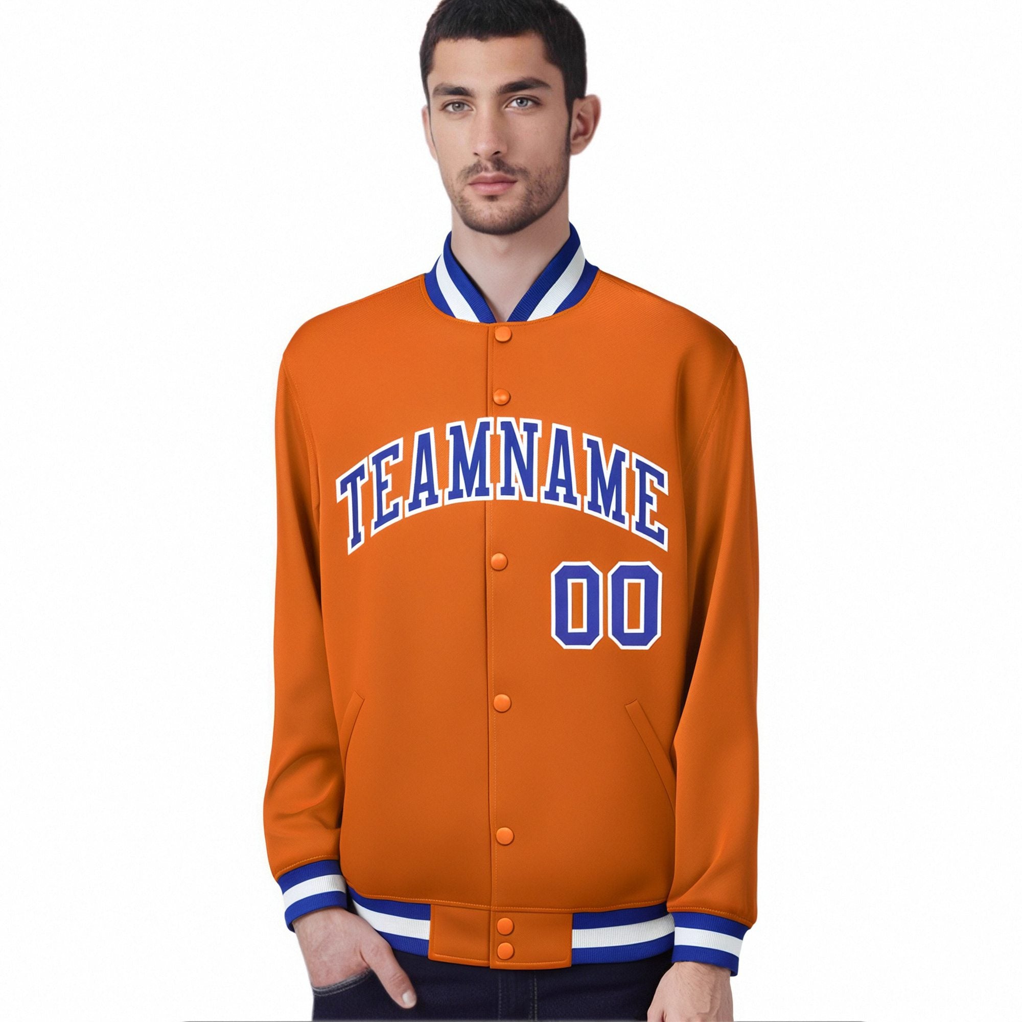 Custom Orange Thunder-Blue White Bomber Full-Snap Varsity Letterman Jacket