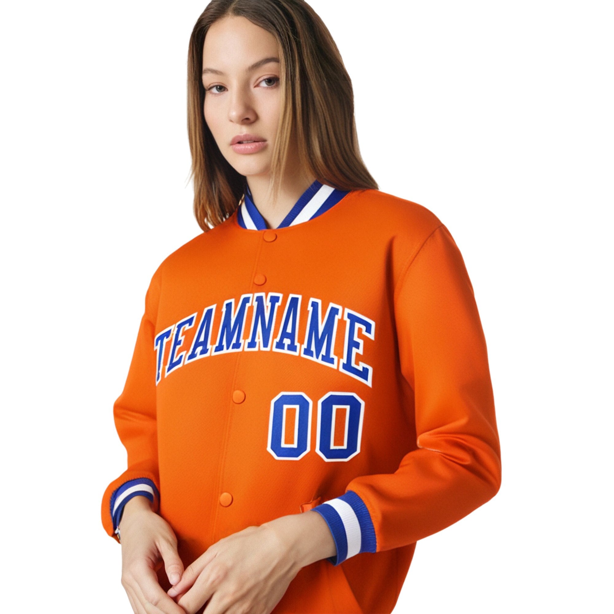 Custom Orange Thunder-Blue White Bomber Full-Snap Varsity Letterman Jacket