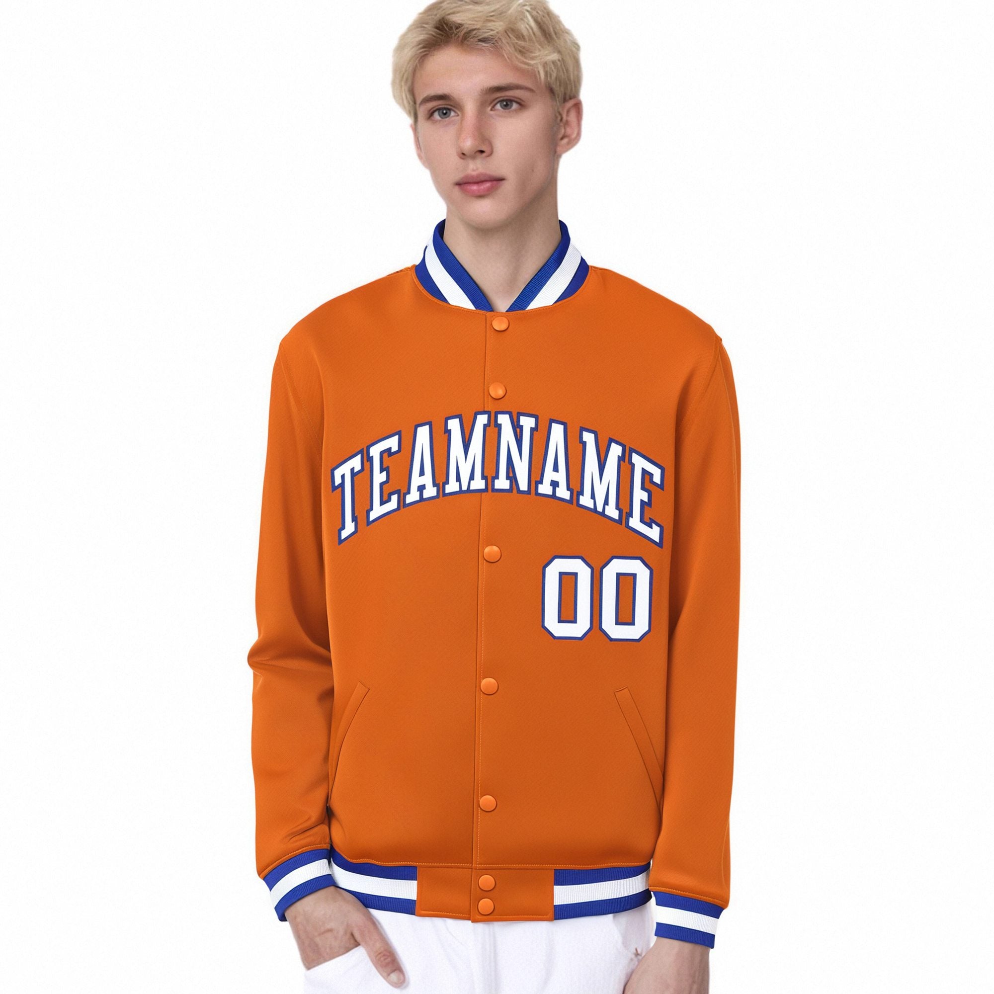 Custom Orange White Thunder-Blue Bomber Full-Snap Varsity Letterman Jacket