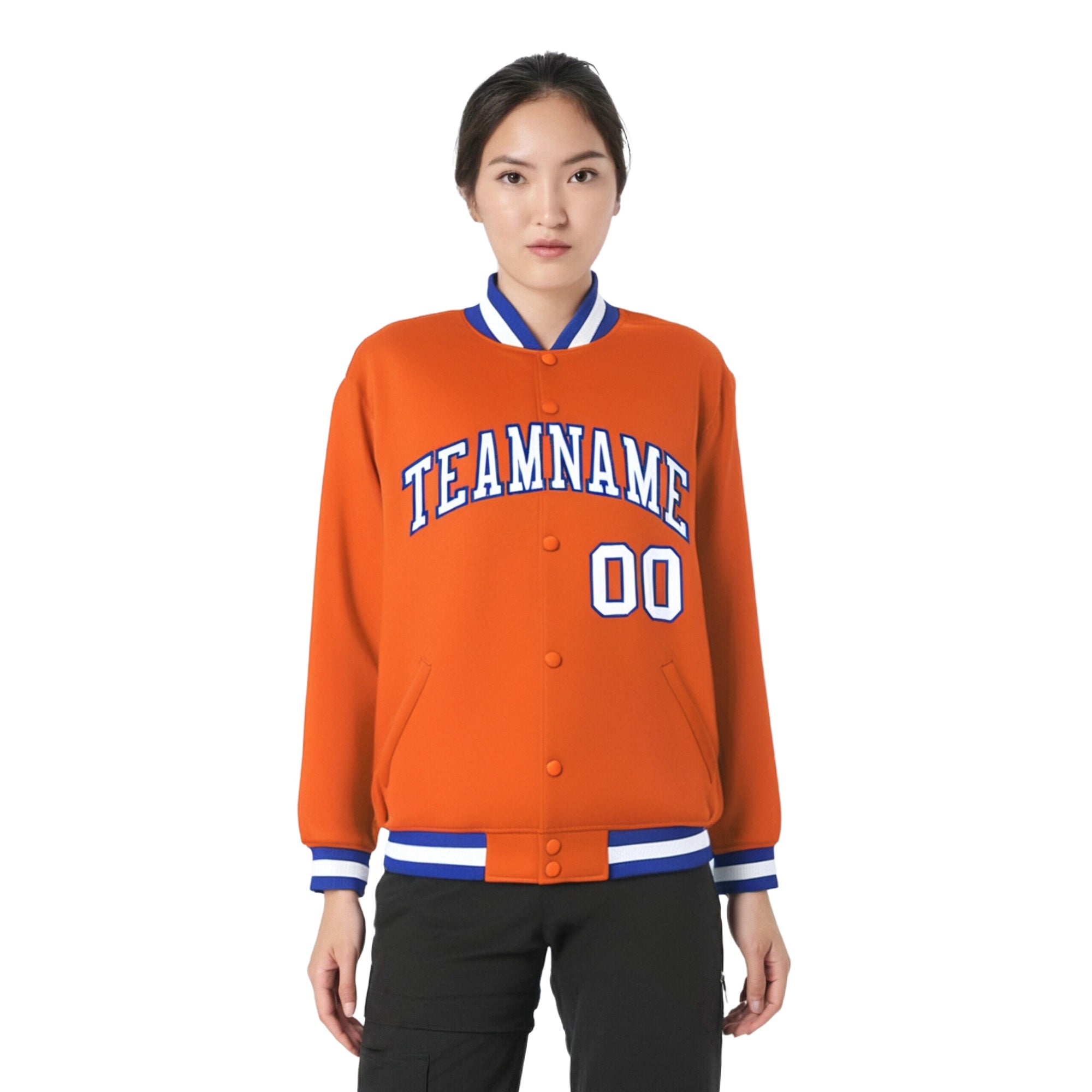 Custom Orange White Thunder-Blue Bomber Full-Snap Varsity Letterman Jacket