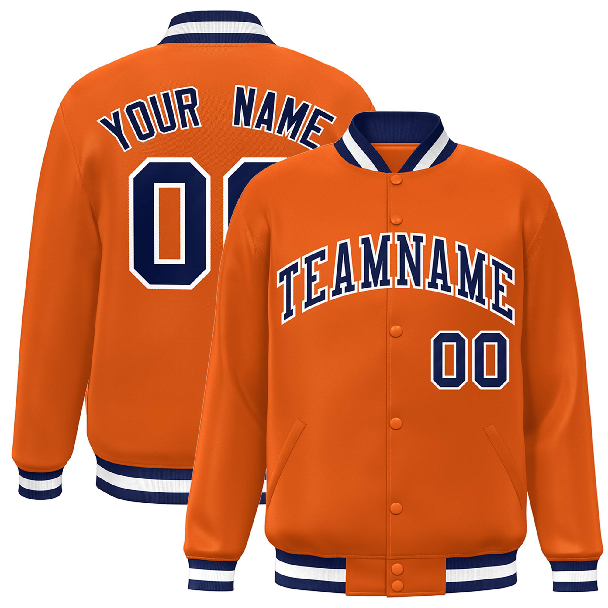 Custom Orange Navy White Bomber Full-Snap Varsity Letterman Jacket