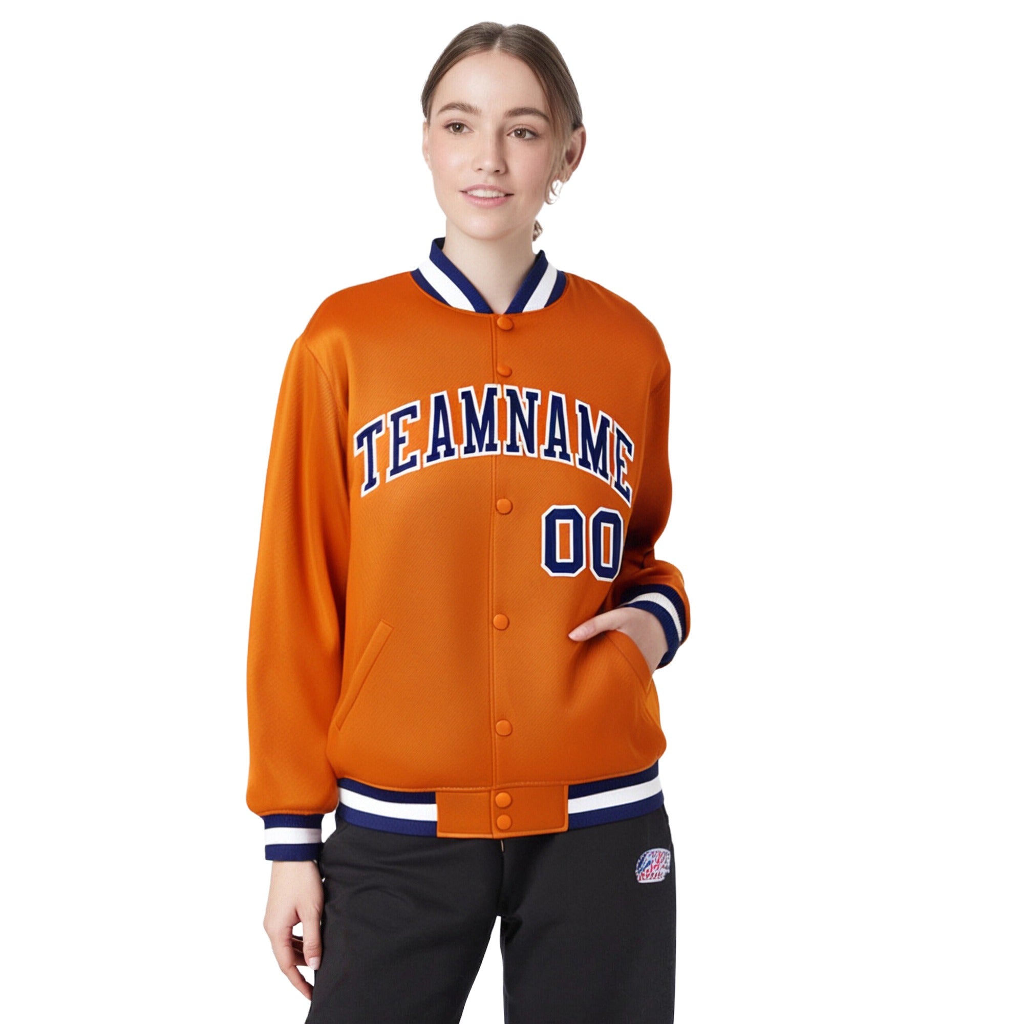 Custom Orange Navy White Bomber Full-Snap Varsity Letterman Jacket