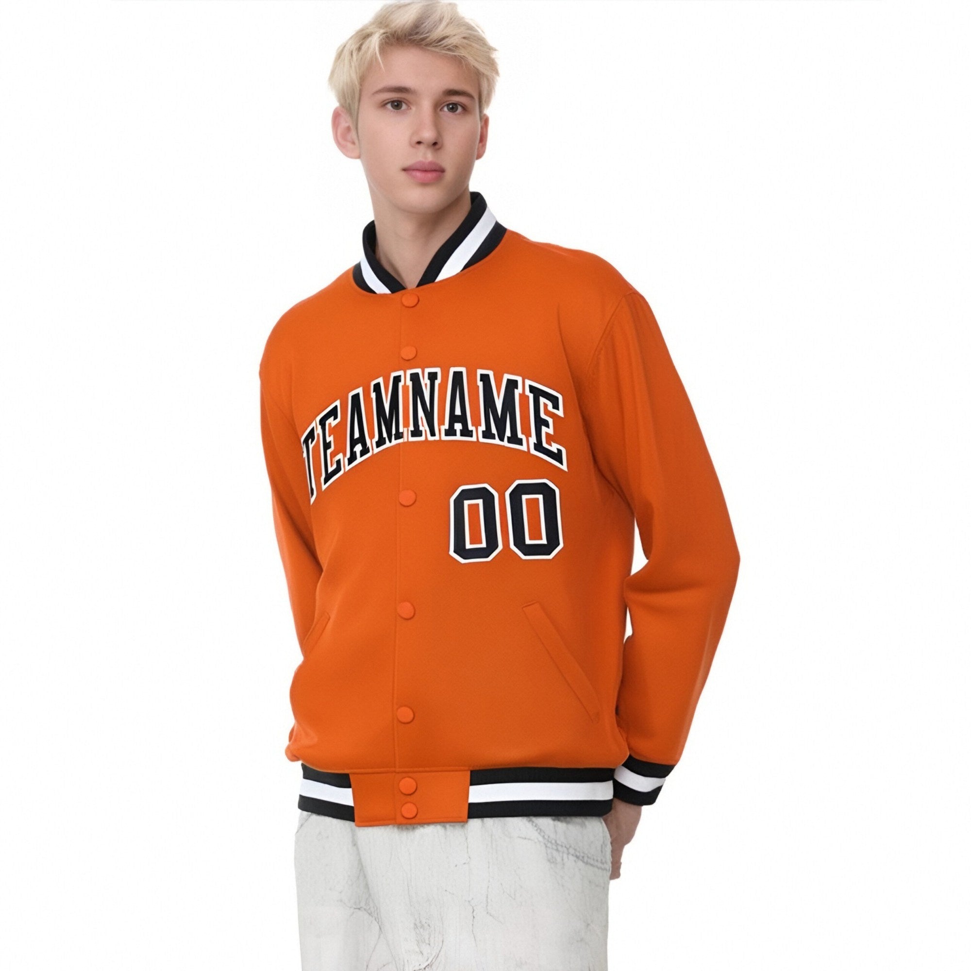 Custom Orange Black White Bomber Full-Snap Varsity Letterman Jacket