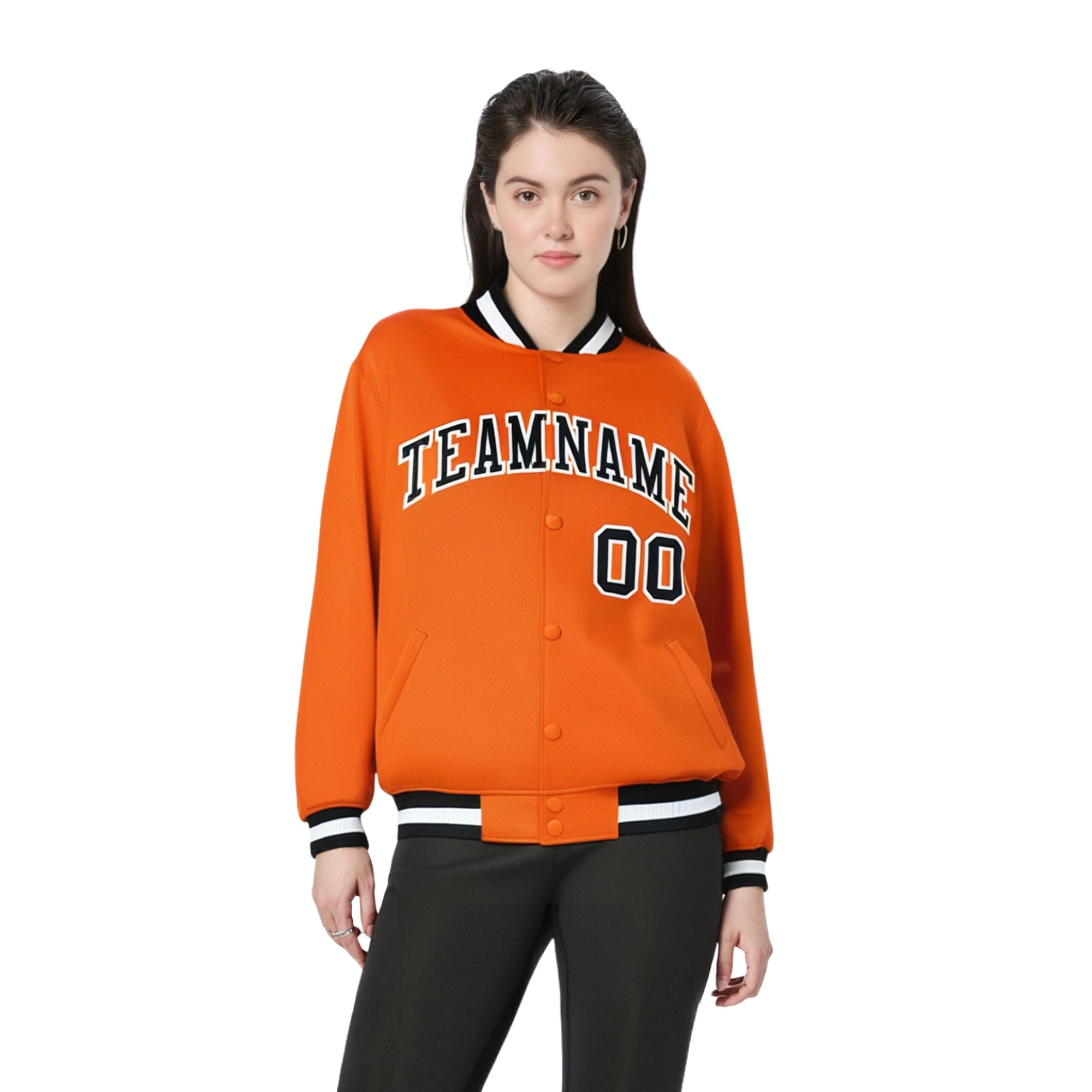 Custom Orange Black White Bomber Full-Snap Varsity Letterman Jacket