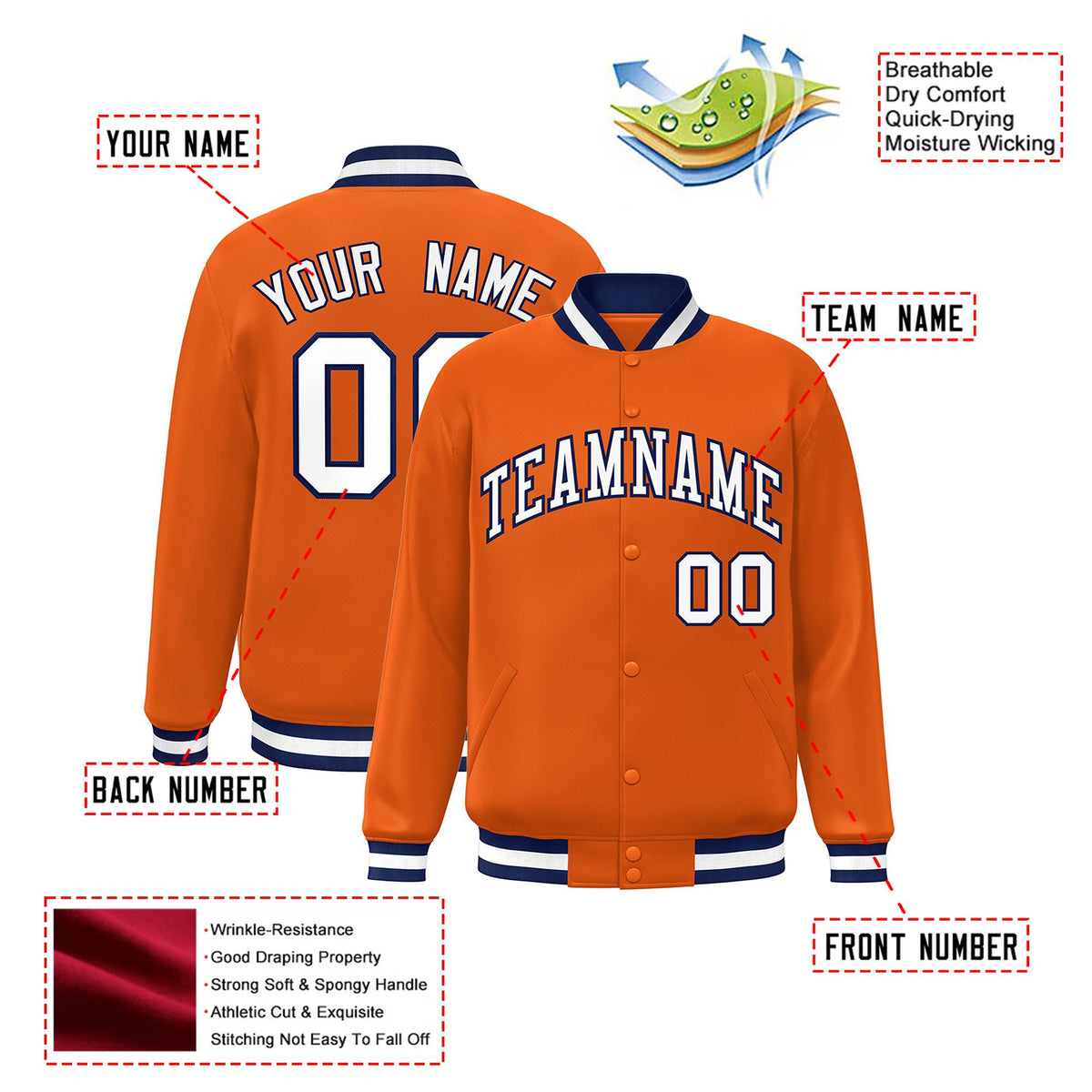 Custom Orange White Navy Bomber Full-Snap Varsity Letterman Jacket