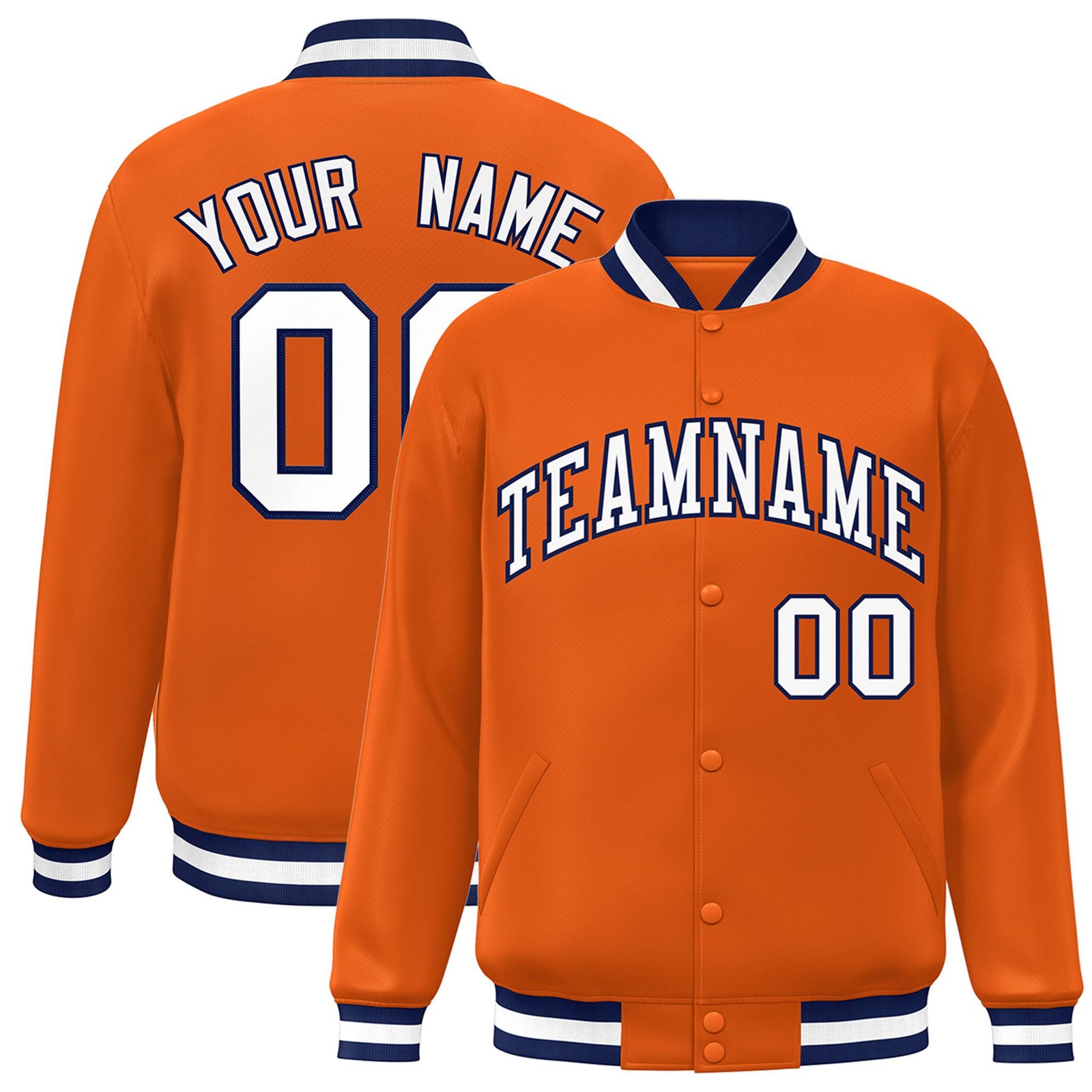 Custom Orange White Navy Bomber Full-Snap Varsity Letterman Jacket