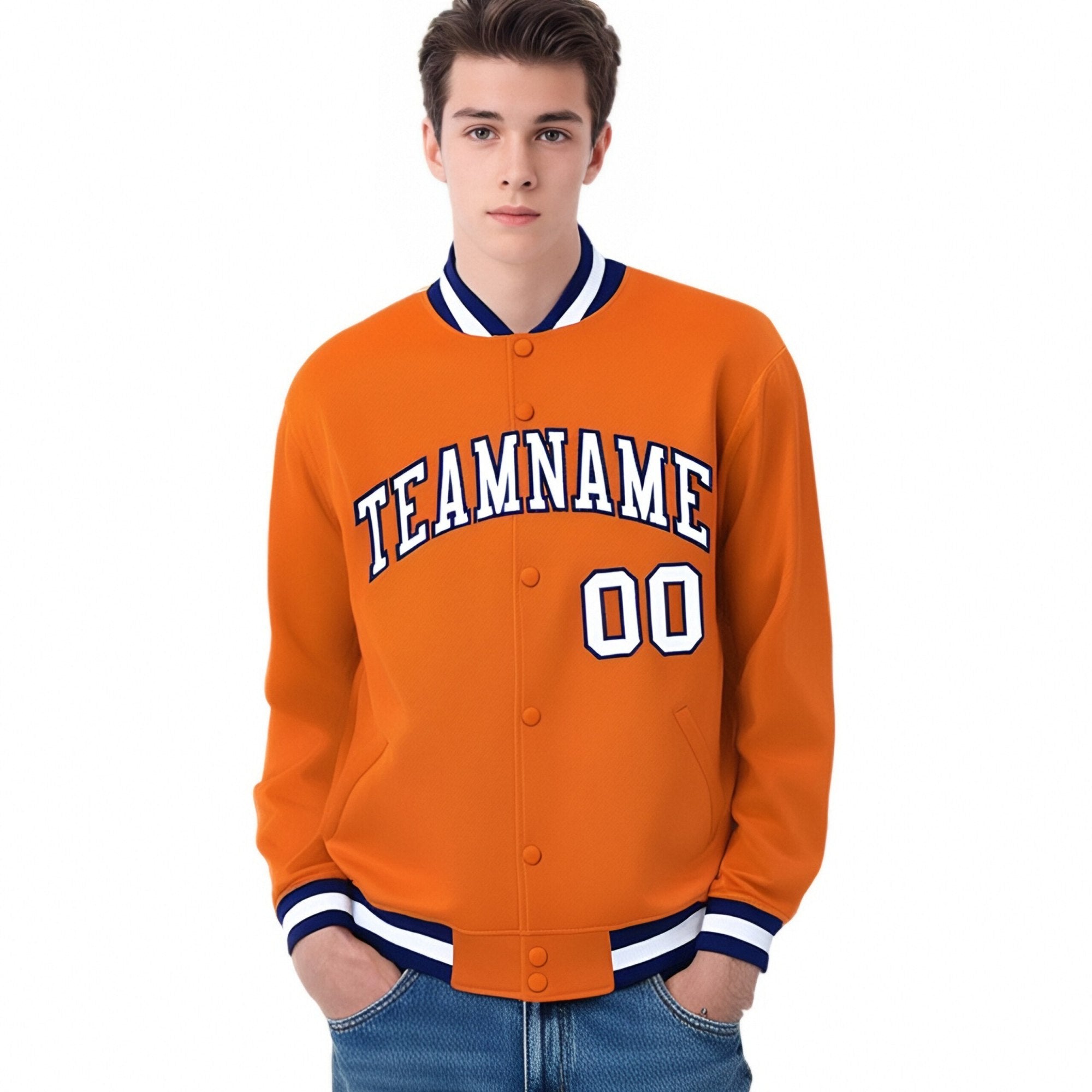 Custom Orange White Navy Bomber Full-Snap Varsity Letterman Jacket