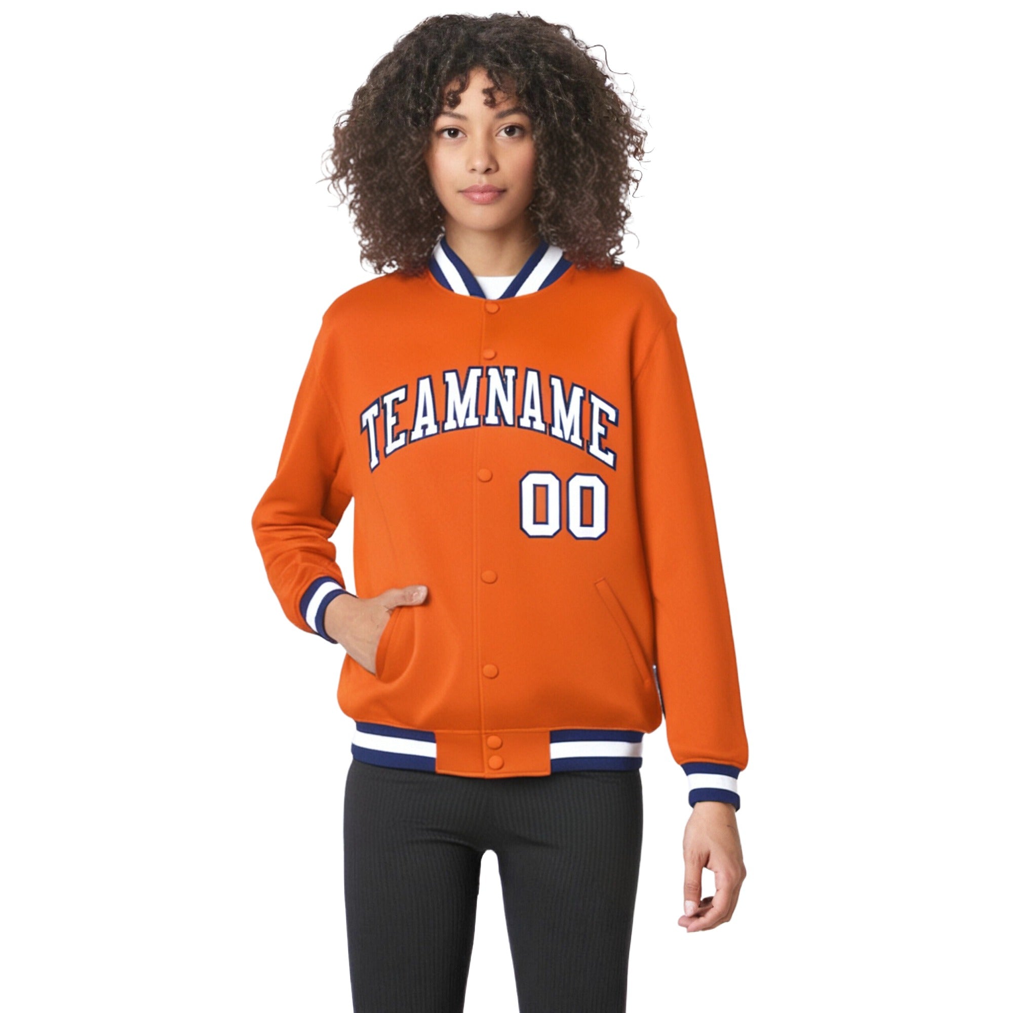 Custom Orange White Navy Bomber Full-Snap Varsity Letterman Jacket