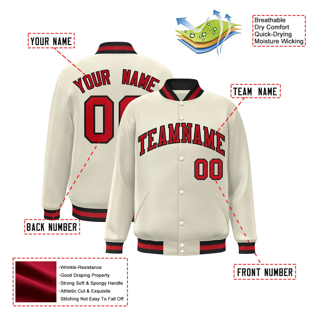 Custom Cream Red Black Bomber Full-Snap Varsity Letterman Jacket