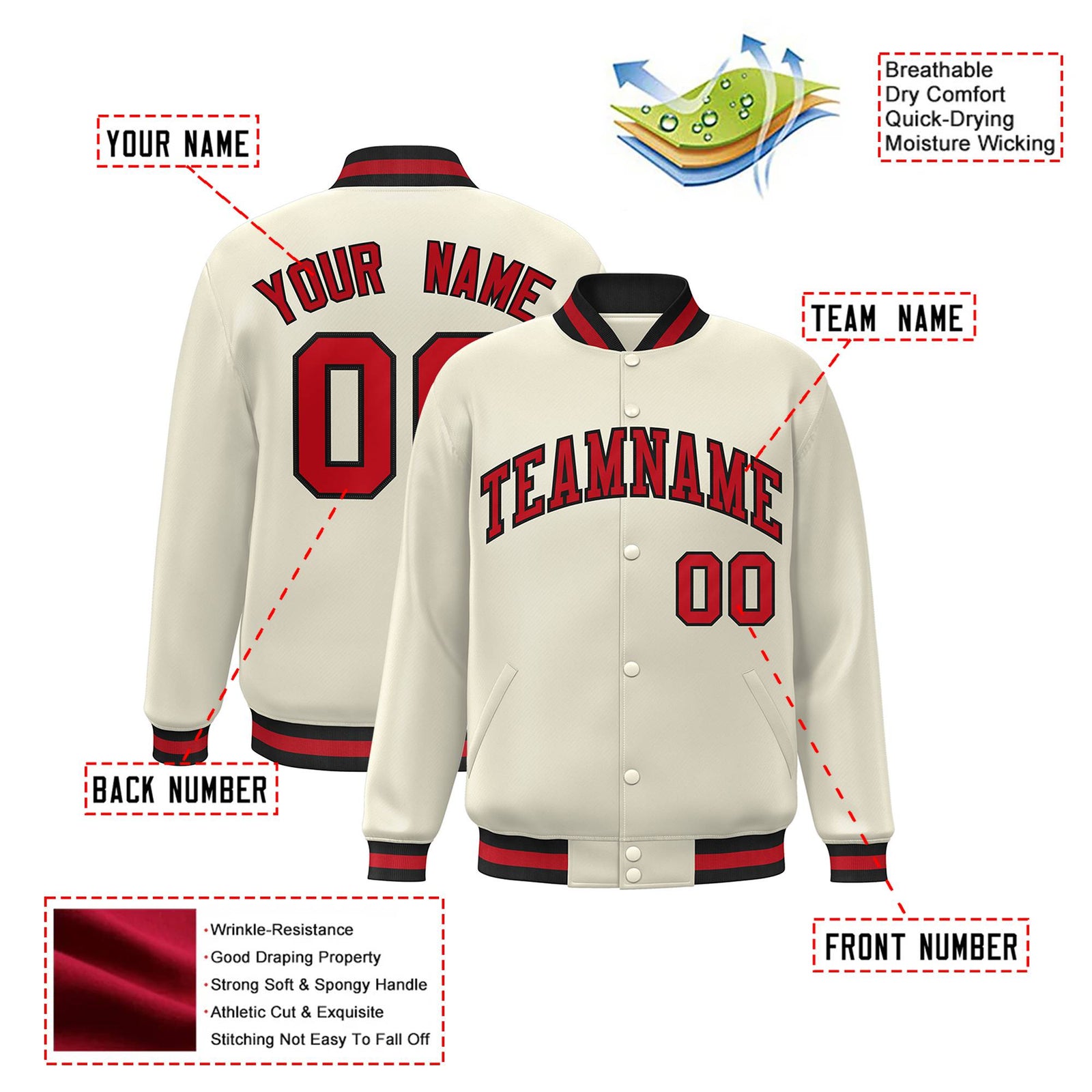 Custom Cream Red Black Bomber Full-Snap Varsity Letterman Jacket
