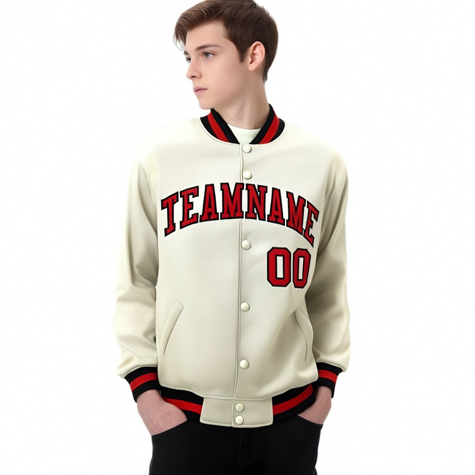 Custom Cream Red Black Bomber Full-Snap Varsity Letterman Jacket