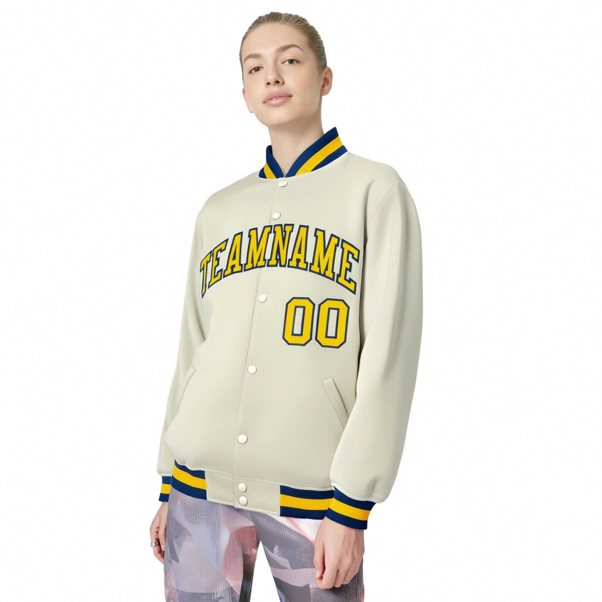 Custom Cream Yellow Navy Bomber Full-Snap Varsity Letterman Jacket