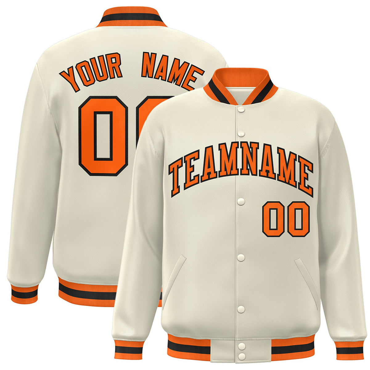 Custom Cream Orange Black Bomber Full-Snap Varsity Letterman Jacket