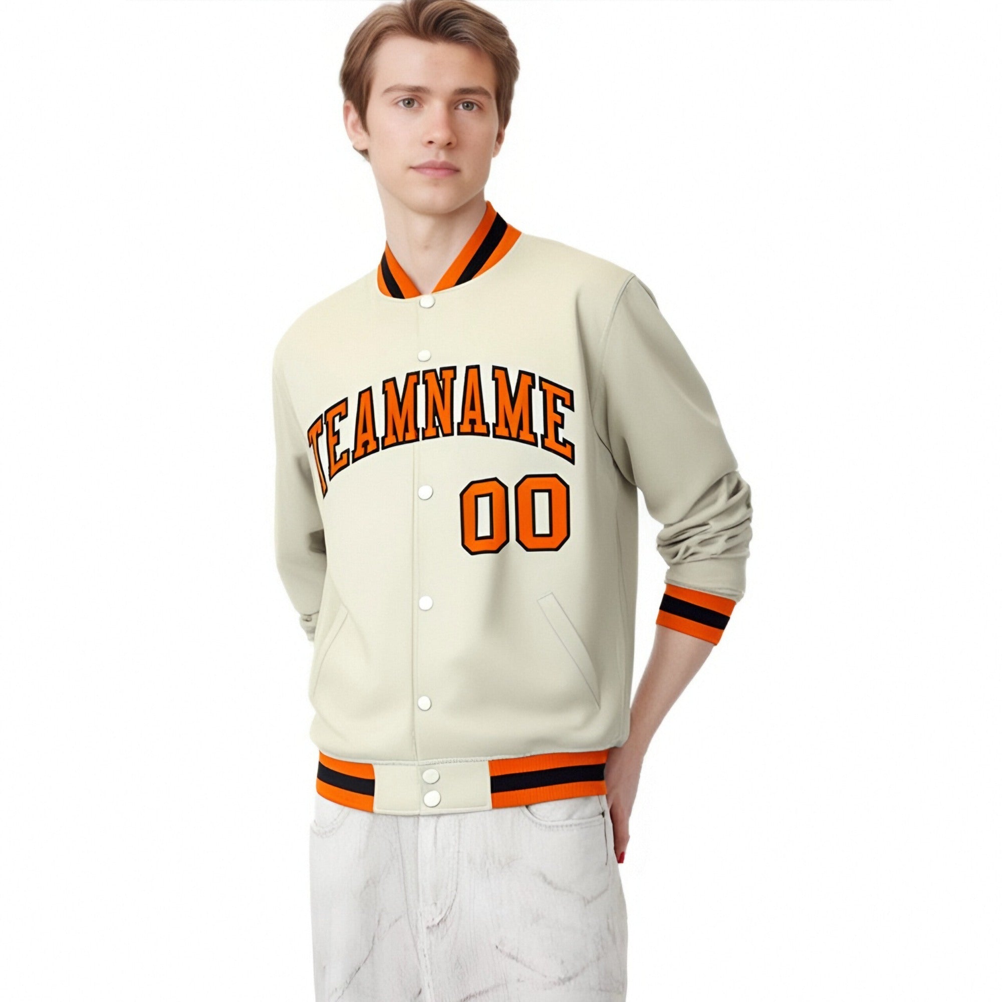 Custom Cream Orange Black Bomber Full-Snap Varsity Letterman Jacket