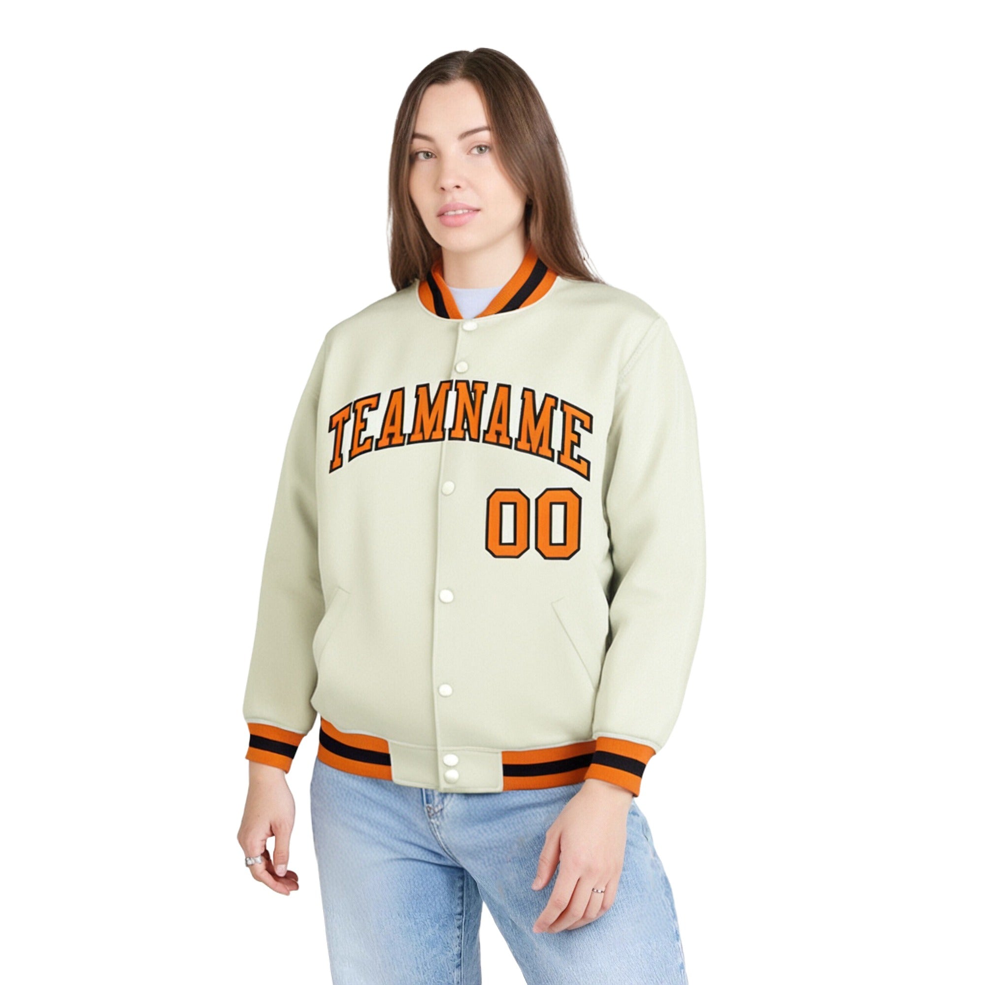 Custom Cream Orange Black Bomber Full-Snap Varsity Letterman Jacket