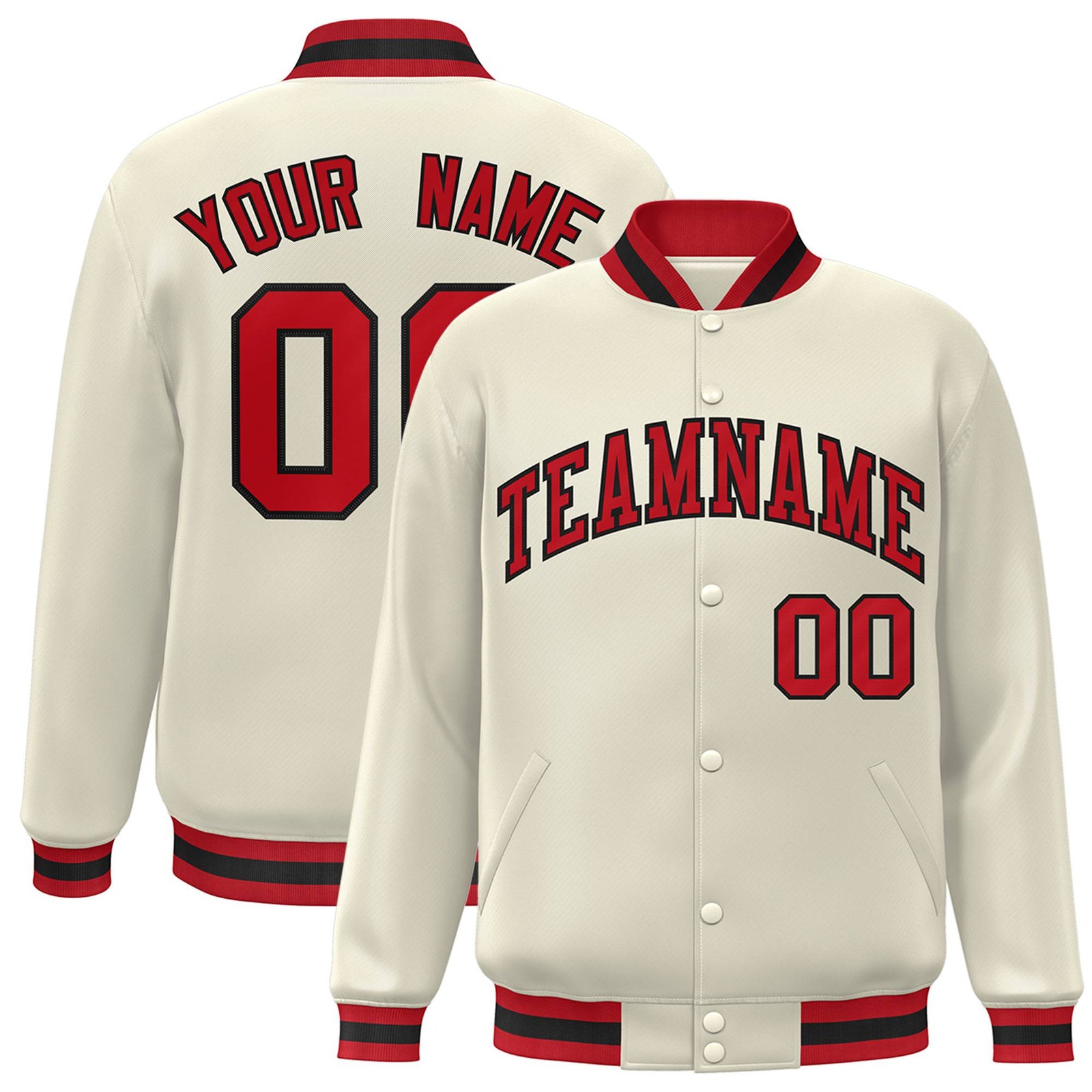 Custom Cream Red Black Bomber Full-Snap Varsity Letterman Jacket