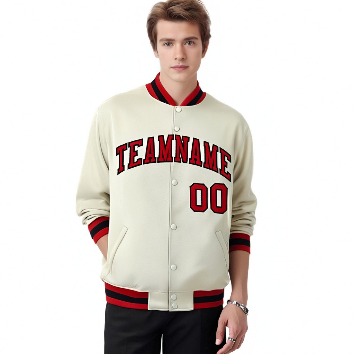Custom Cream Red Black Bomber Full-Snap Varsity Letterman Jacket