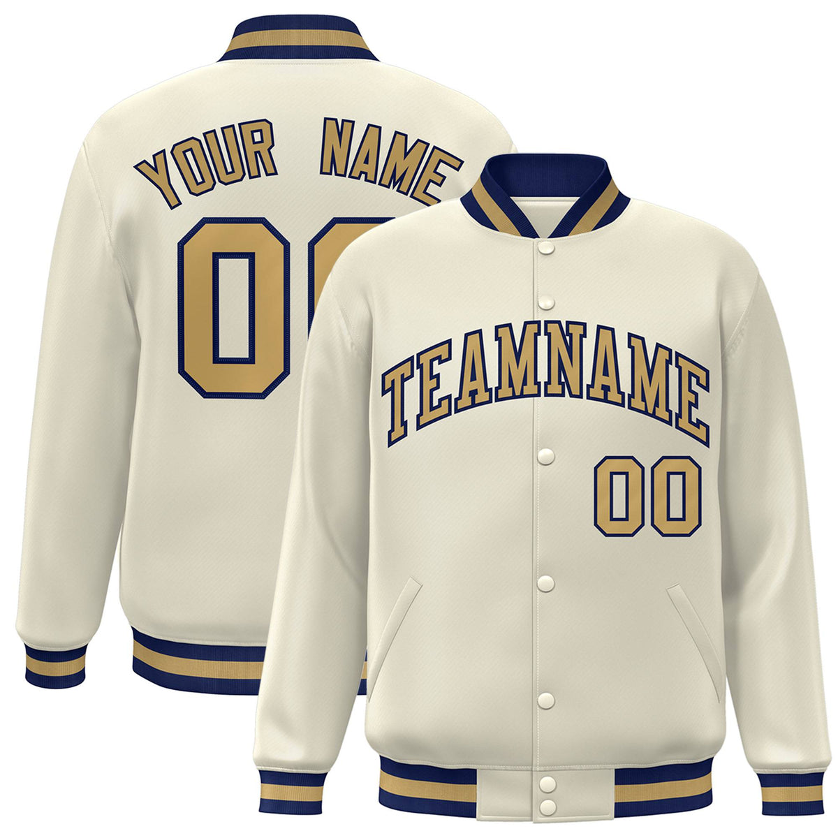 Custom Cream Old-Gold Navy Bomber Full-Snap Varsity Letterman Jacket