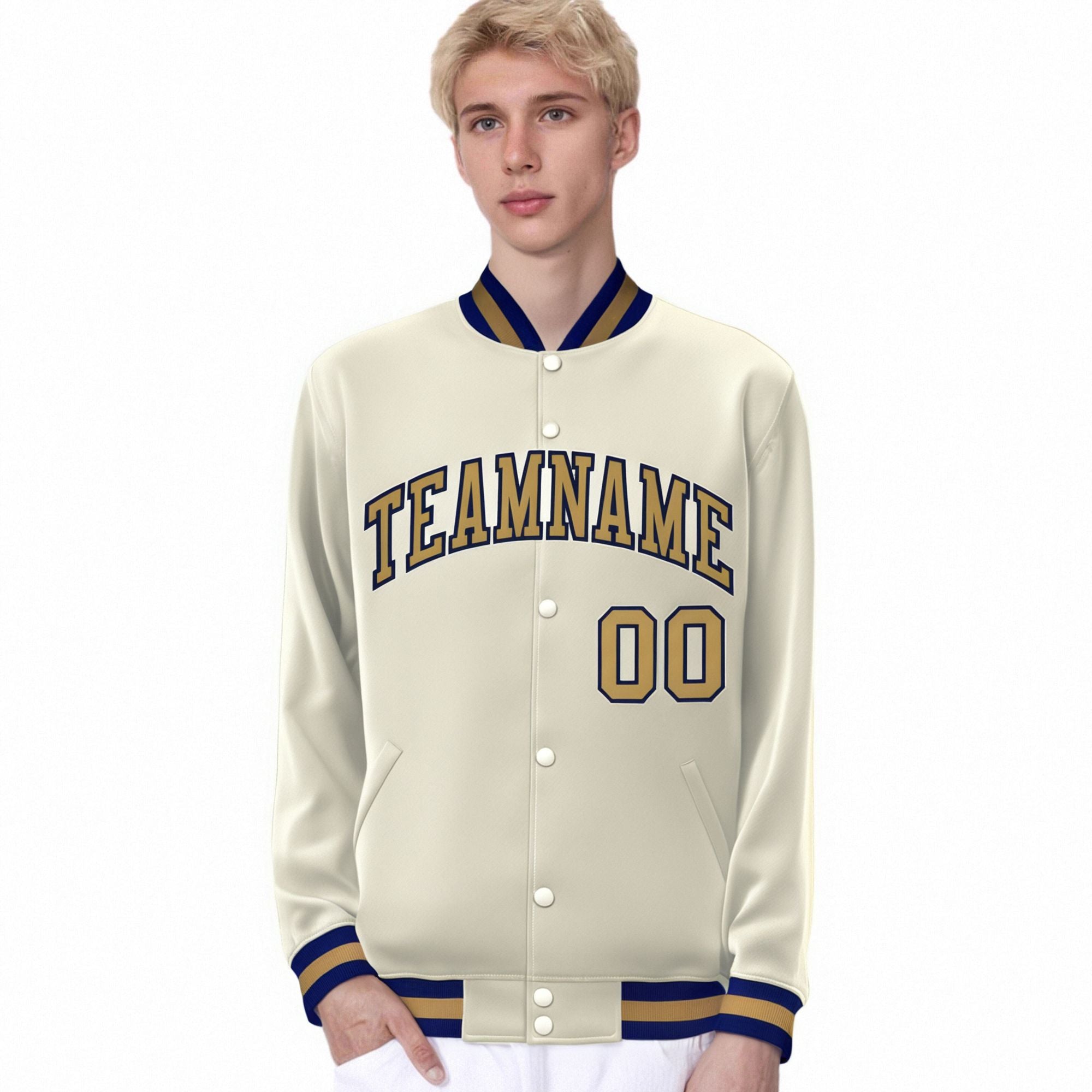 Custom Cream Old-Gold Navy Bomber Full-Snap Varsity Letterman Jacket