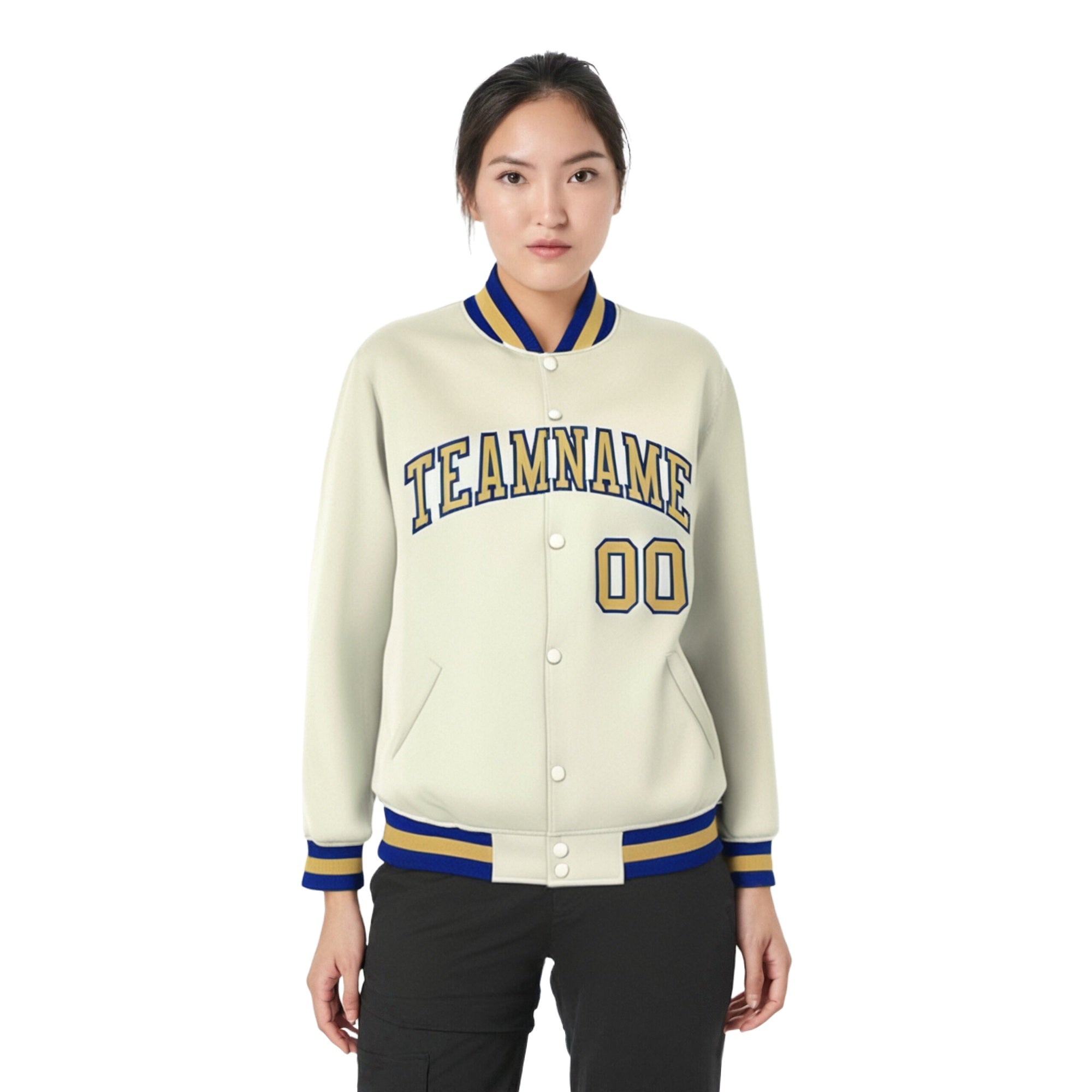 Custom Cream Old-Gold Navy Bomber Full-Snap Varsity Letterman Jacket