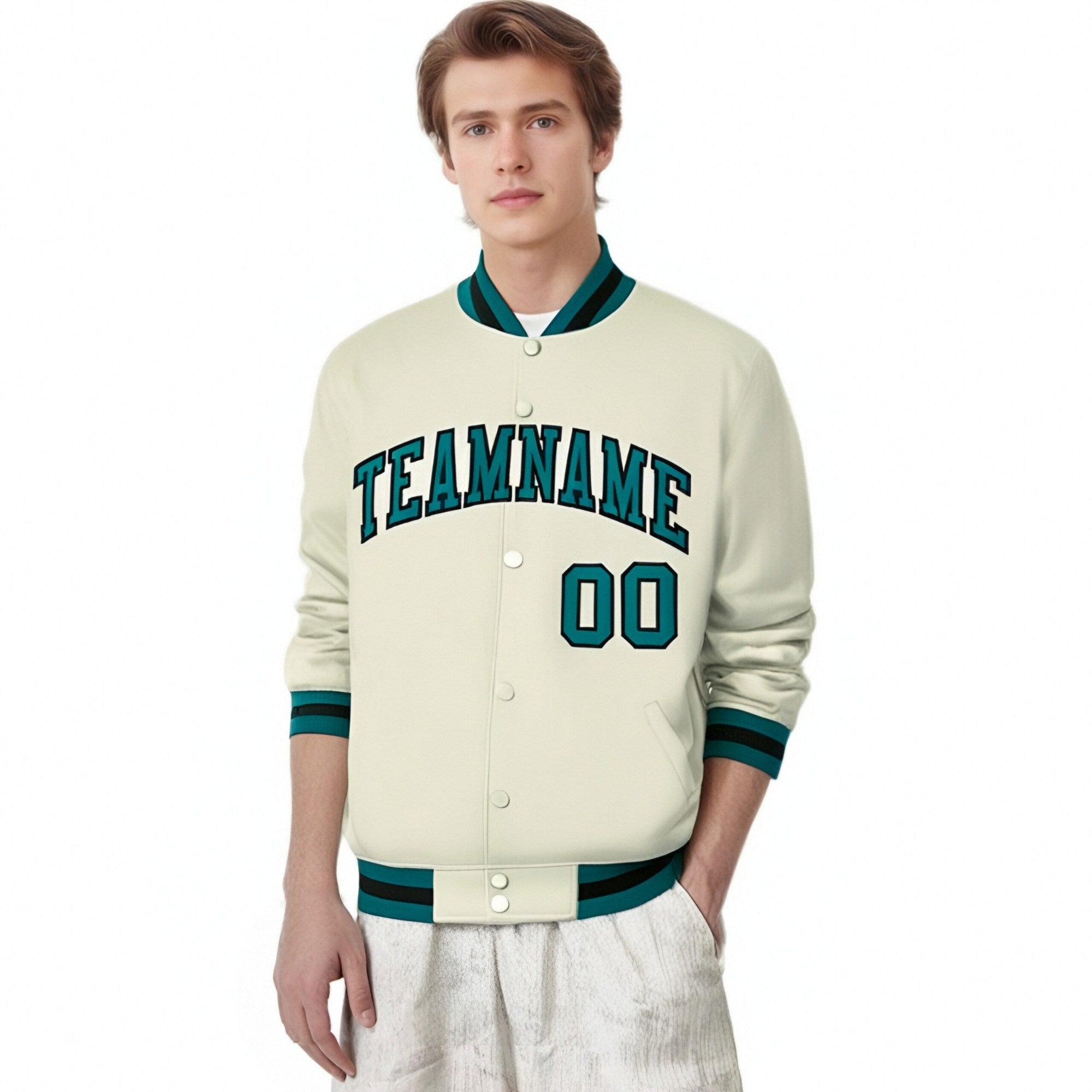 Custom Cream Aqua-Black Bomber Full-Snap Varsity Letterman Jacket