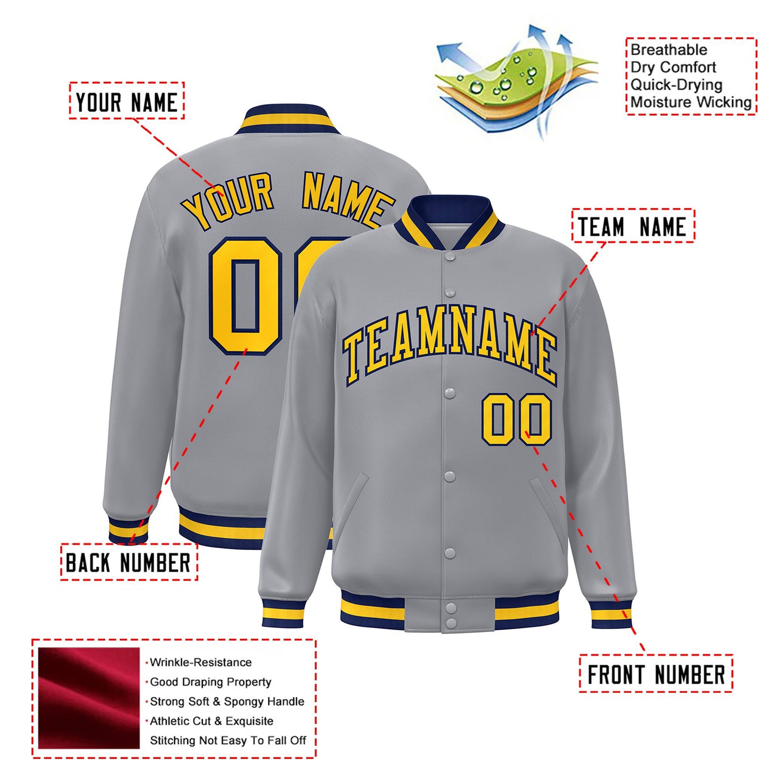 Custom Gray Yellow-Navy Bomber Full-Snap Varsity Letterman Jacket