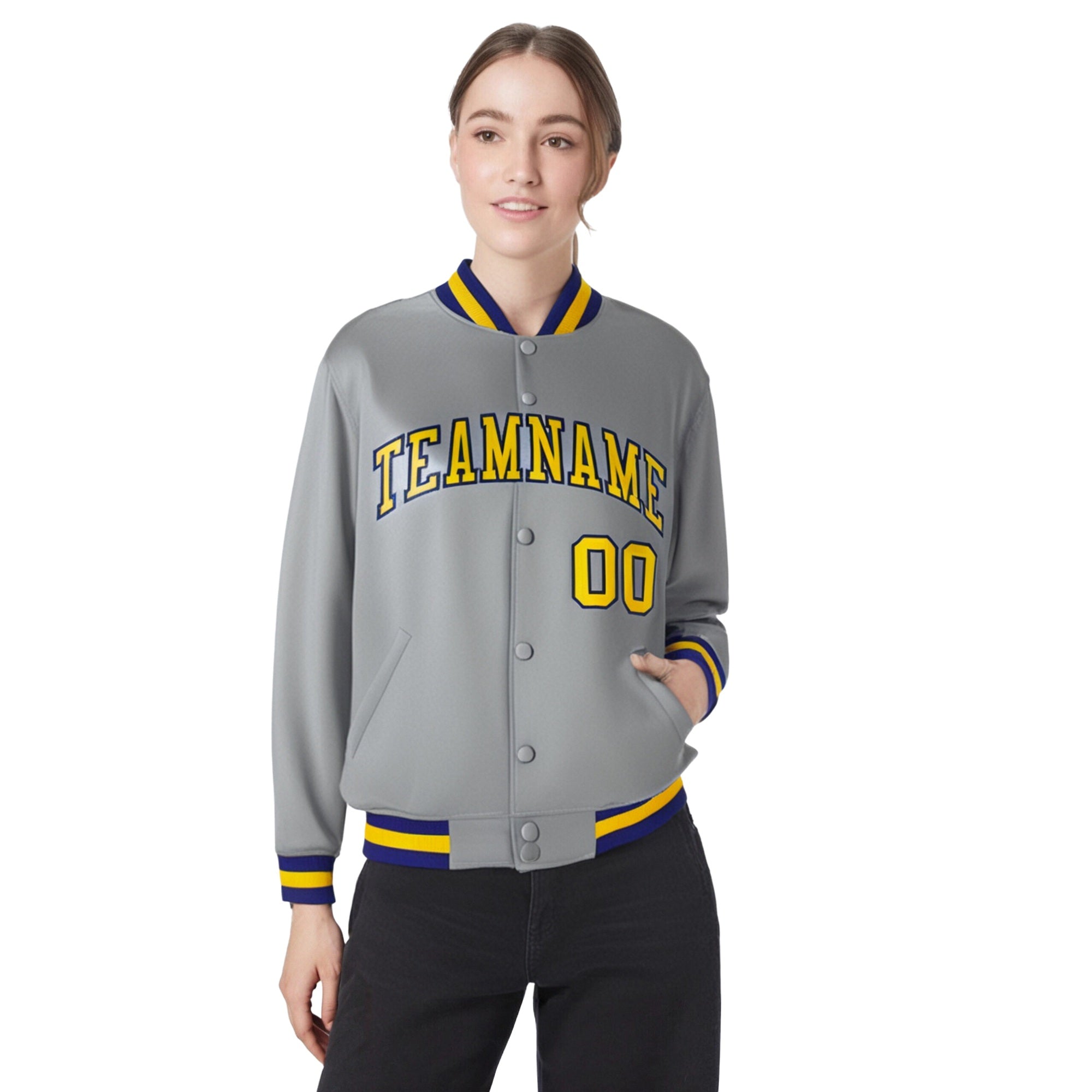 Custom Gray Yellow-Navy Bomber Full-Snap Varsity Letterman Jacket