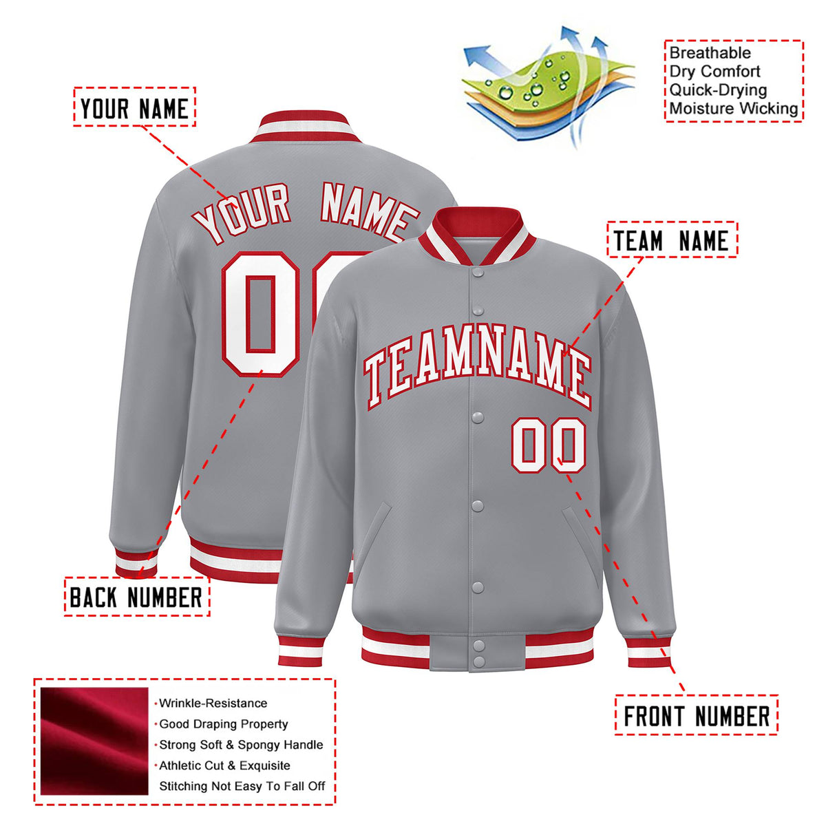 Custom Gray White-Red Bomber Full-Snap Varsity Letterman Jacket