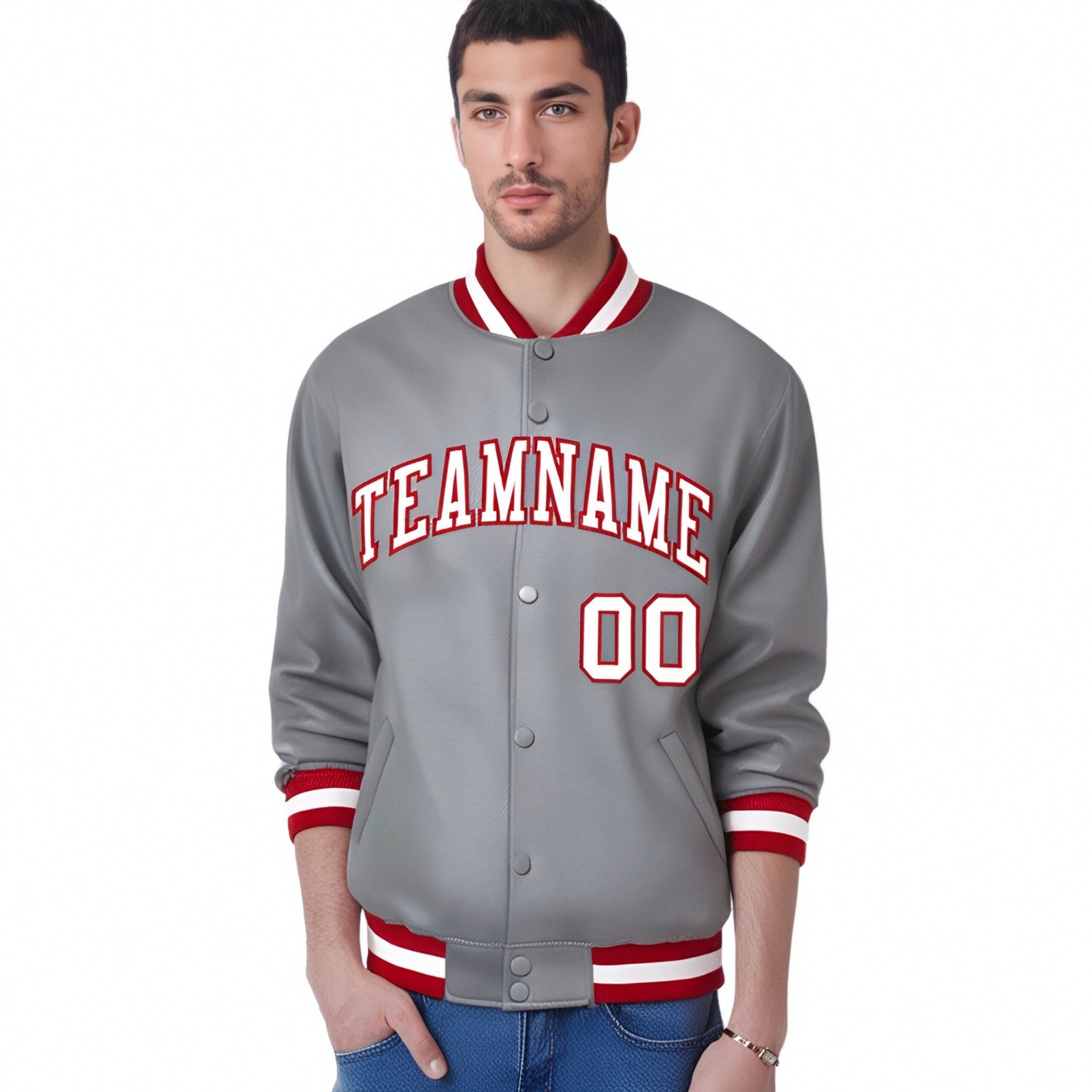 Custom Gray White-Red Bomber Full-Snap Varsity Letterman Jacket