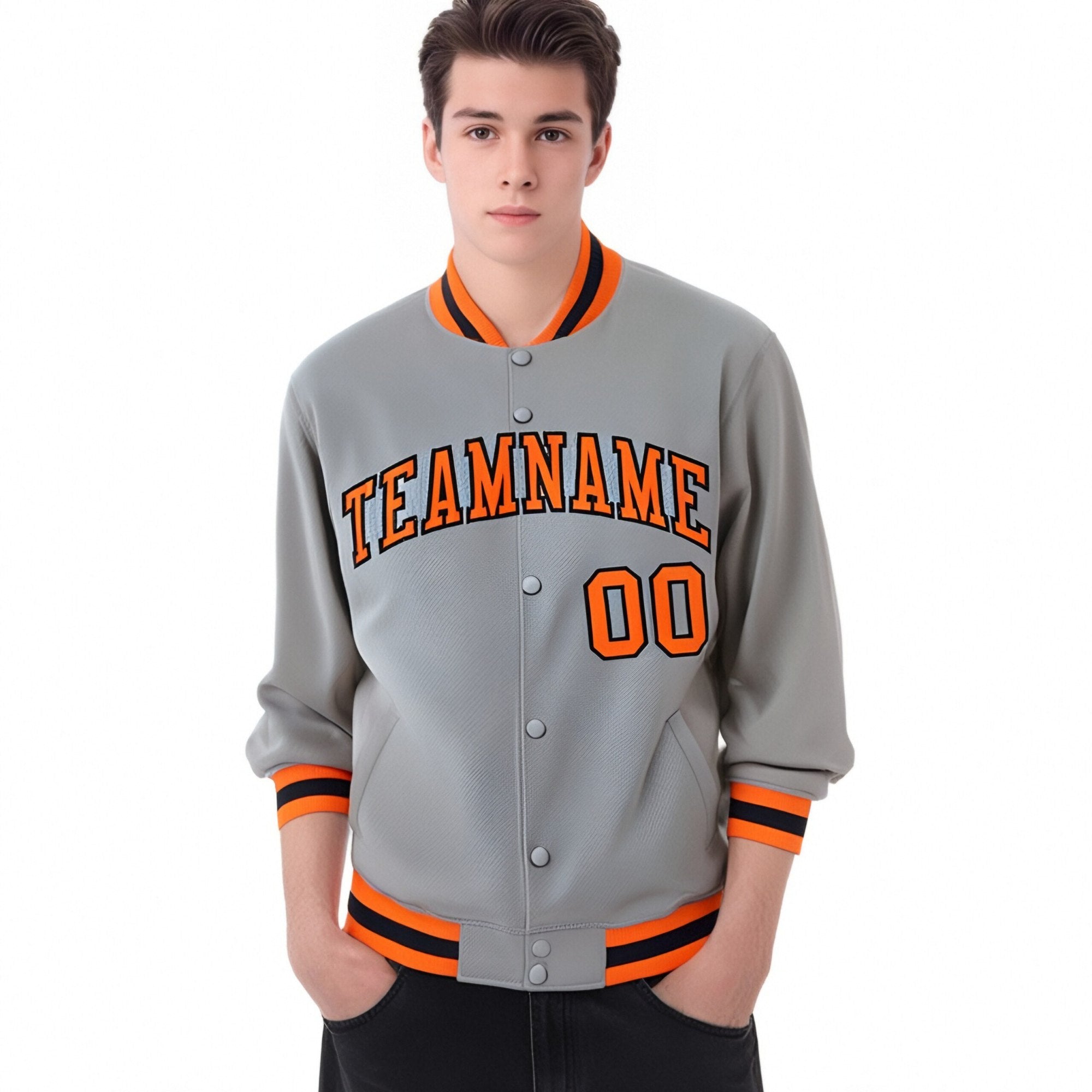 Custom Gray Orange-Black Bomber Full-Snap Varsity Letterman Jacket