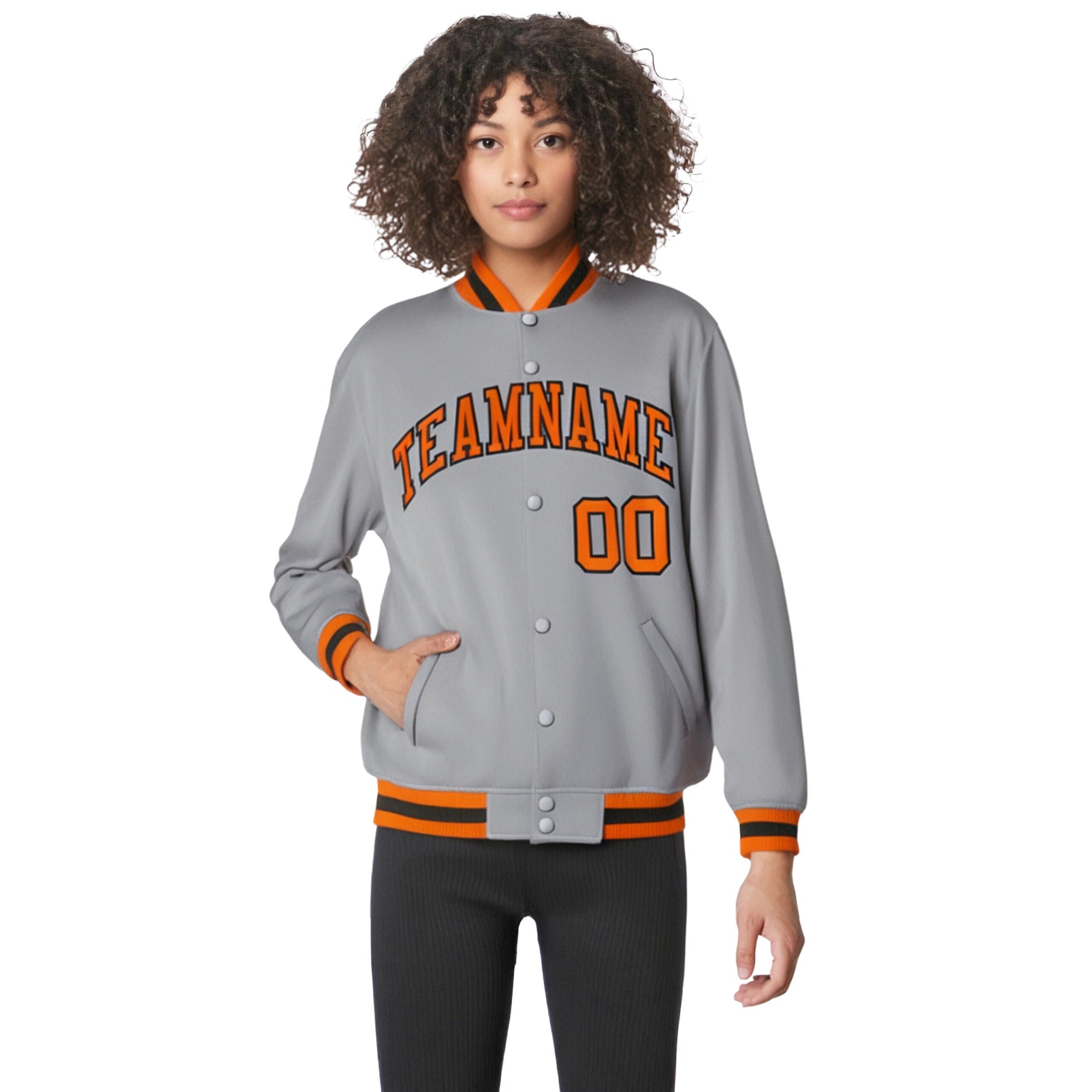 Custom Gray Orange-Black Bomber Full-Snap Varsity Letterman Jacket