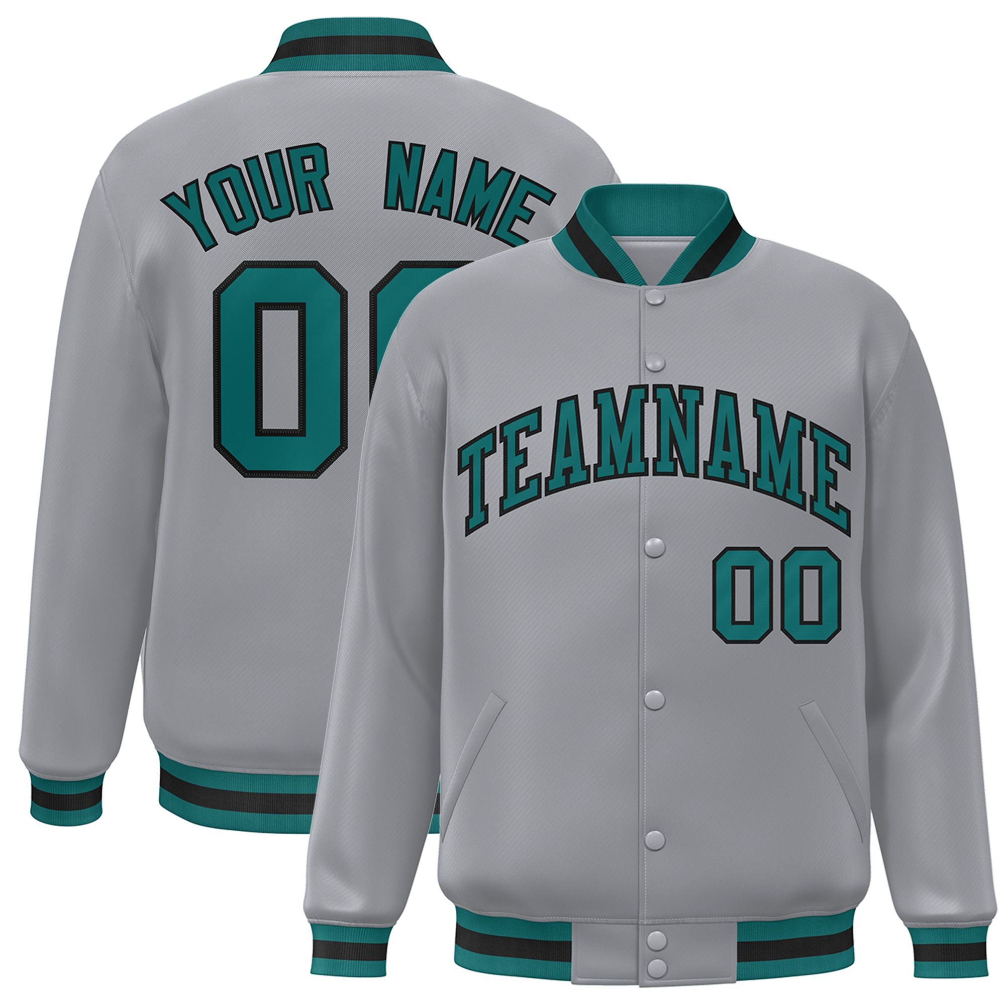 Custom Gray Aqua-Black Bomber Full-Snap Varsity Letterman Jacket