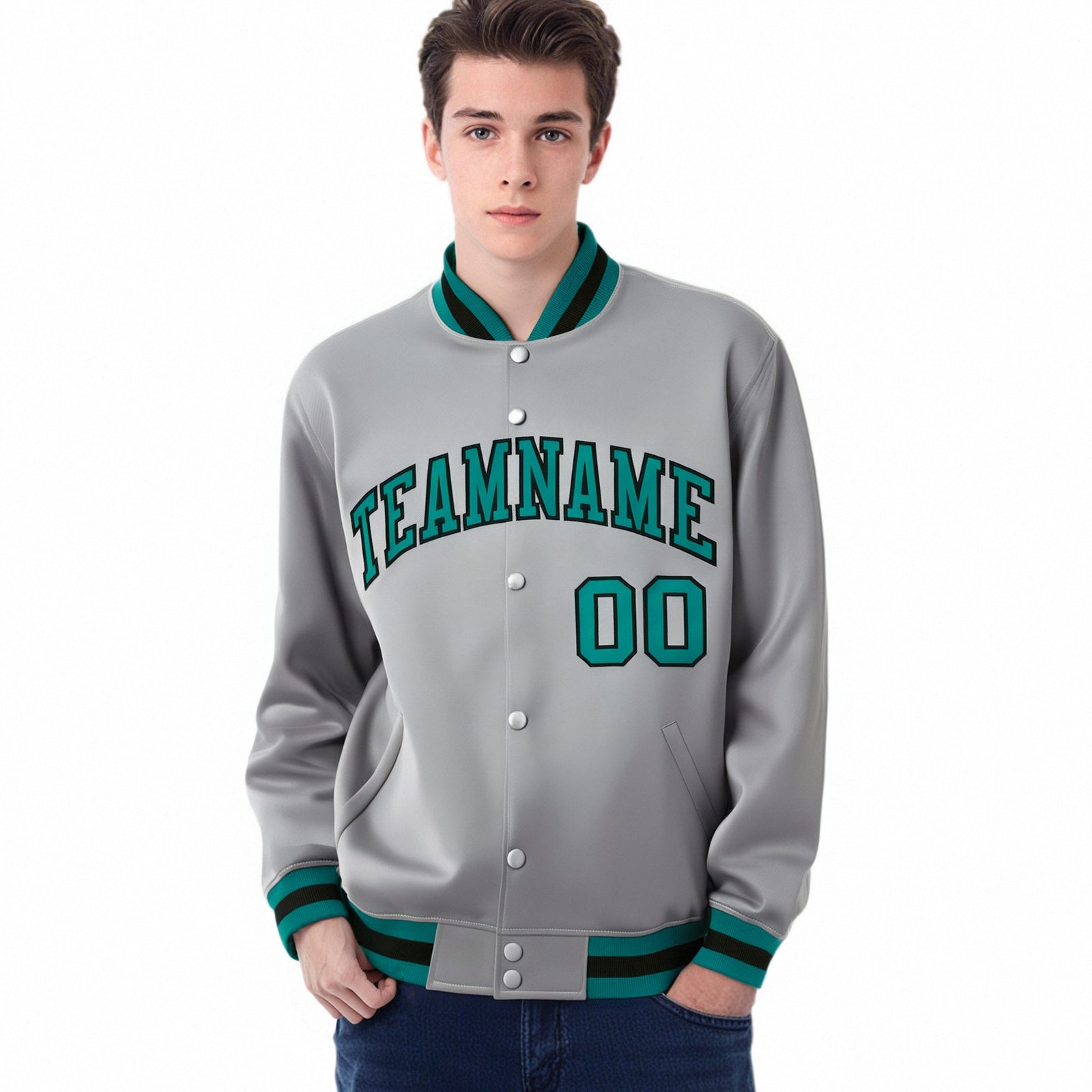 Custom Gray Aqua-Black Bomber Full-Snap Varsity Letterman Jacket