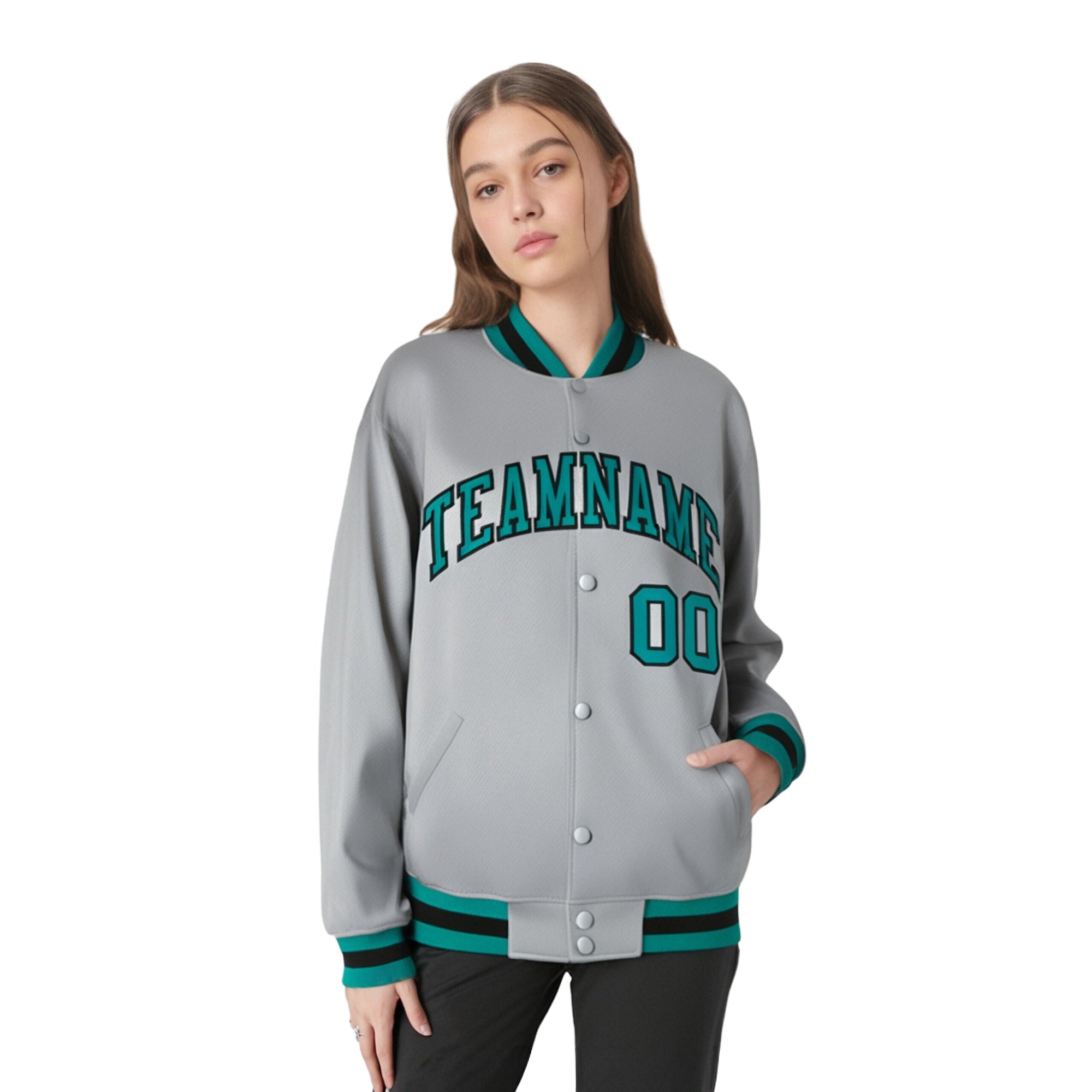 Custom Gray Aqua-Black Bomber Full-Snap Varsity Letterman Jacket