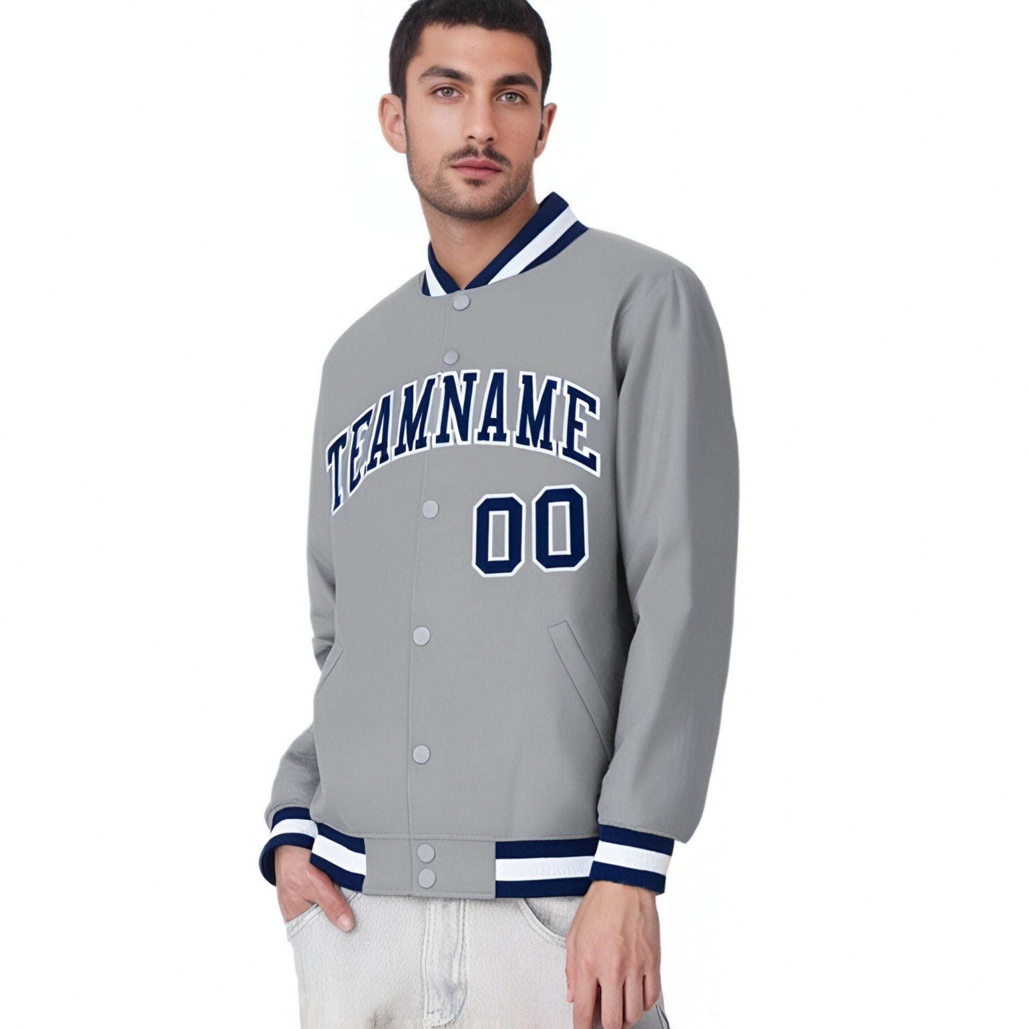 Custom Gray Navy-White Bomber Full-Snap Varsity Letterman Jacket