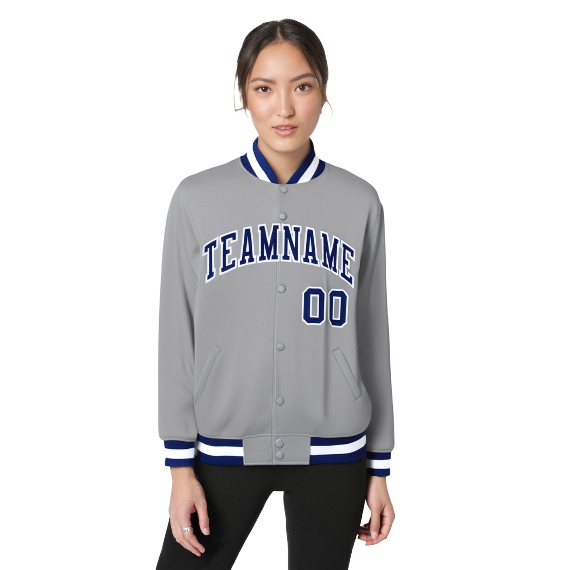 Custom Gray Navy-White Bomber Full-Snap Varsity Letterman Jacket