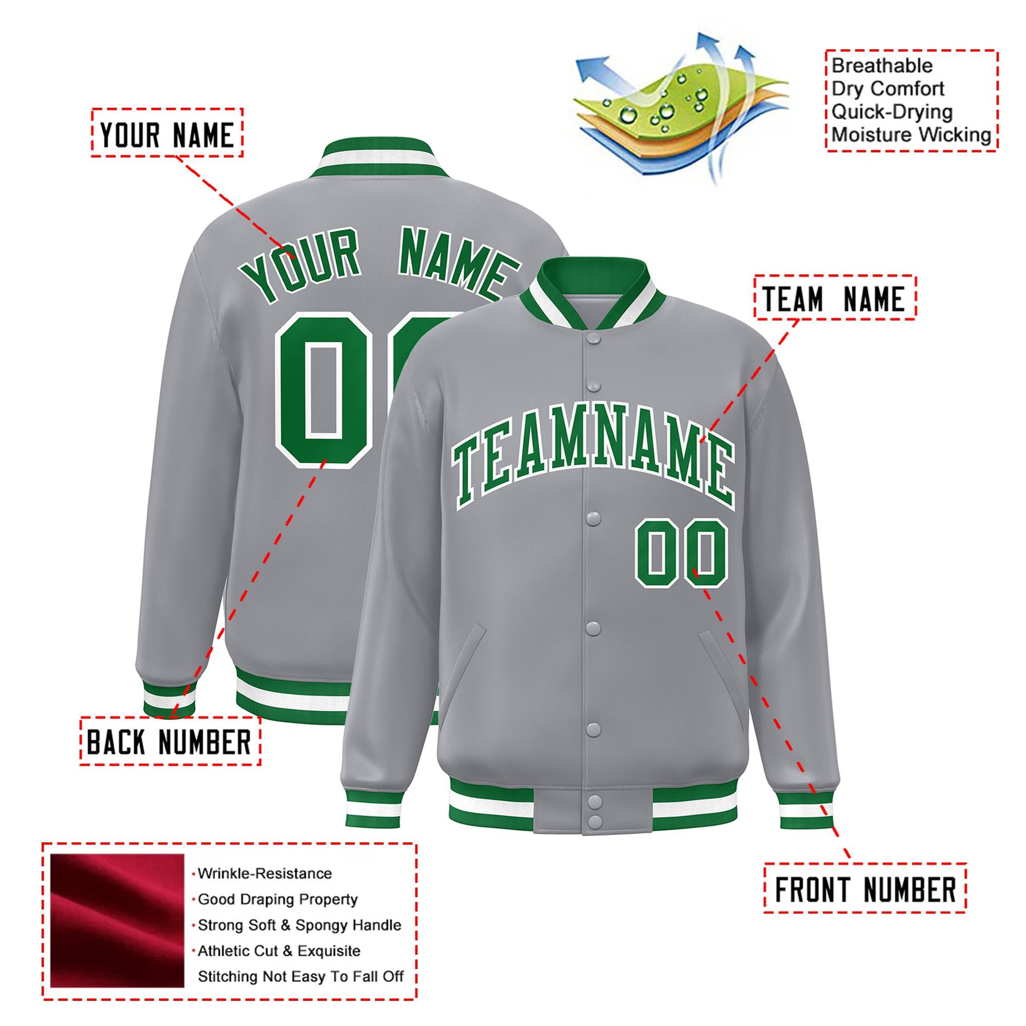 Custom Gray Neon-Green White Bomber Full-Snap Varsity Letterman Jacket