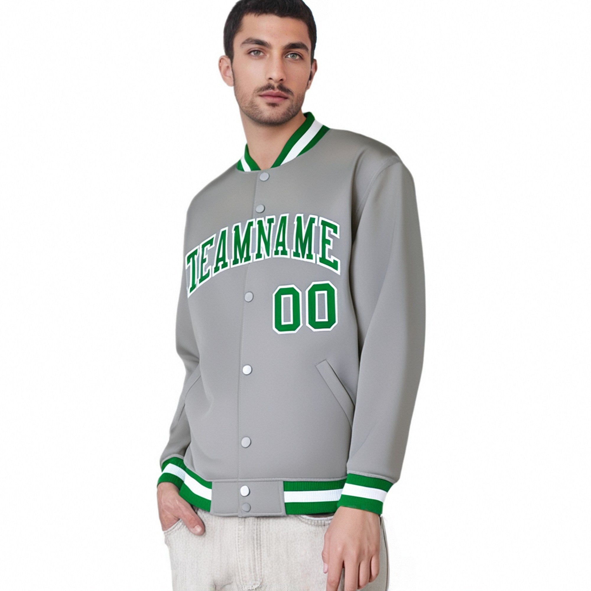 Custom Gray Neon-Green White Bomber Full-Snap Varsity Letterman Jacket