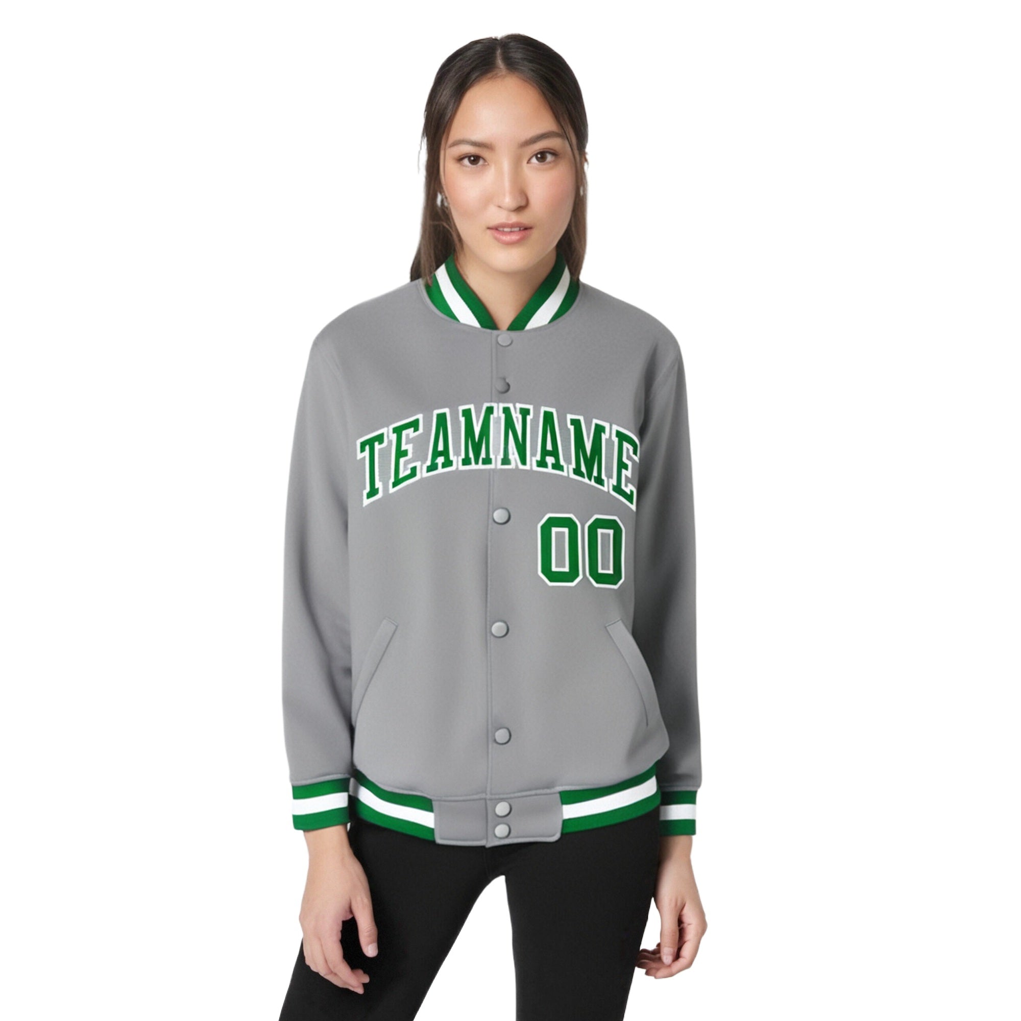 Custom Gray Neon-Green White Bomber Full-Snap Varsity Letterman Jacket